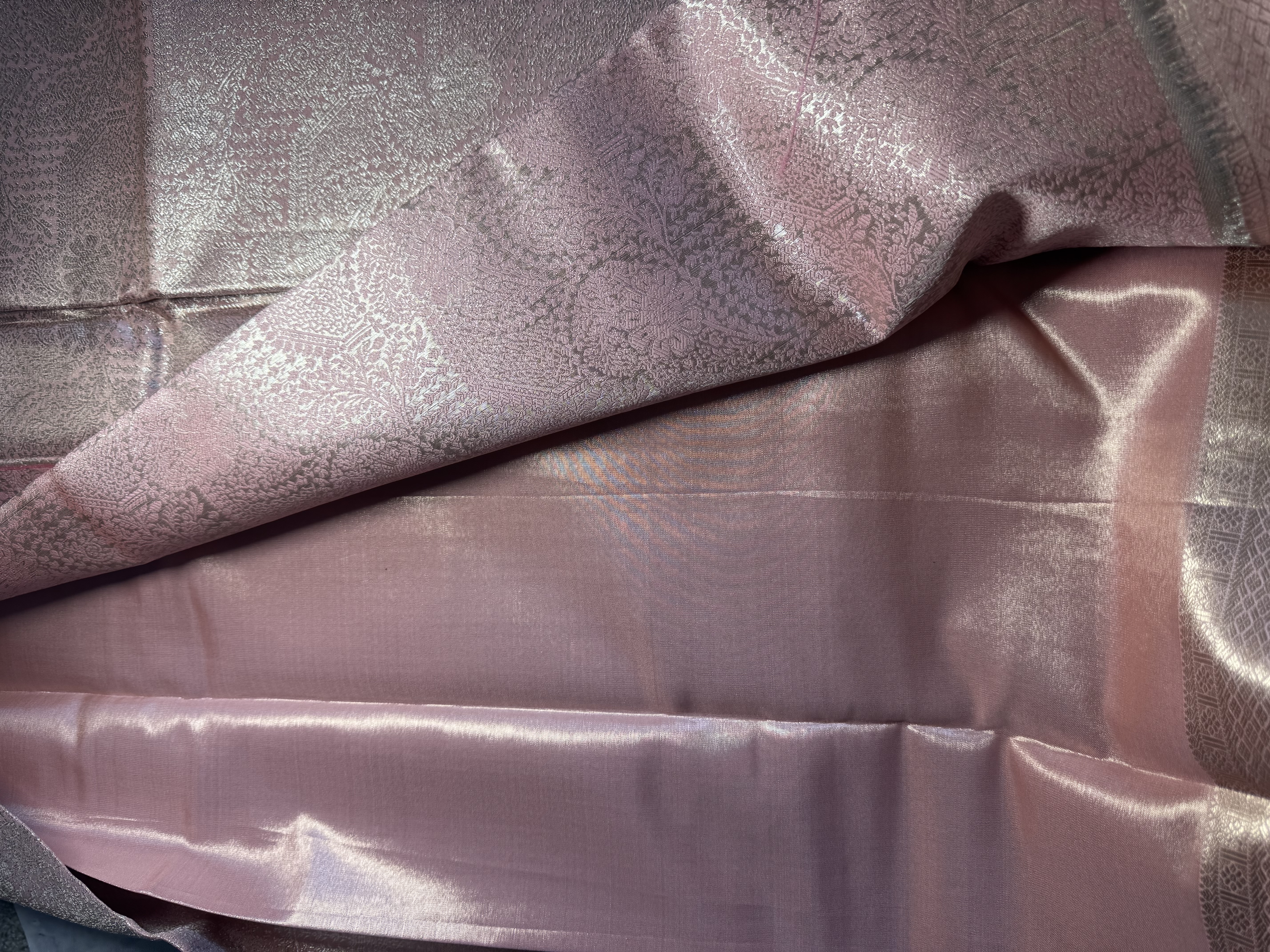 Peach tissue silk saree with silver zari