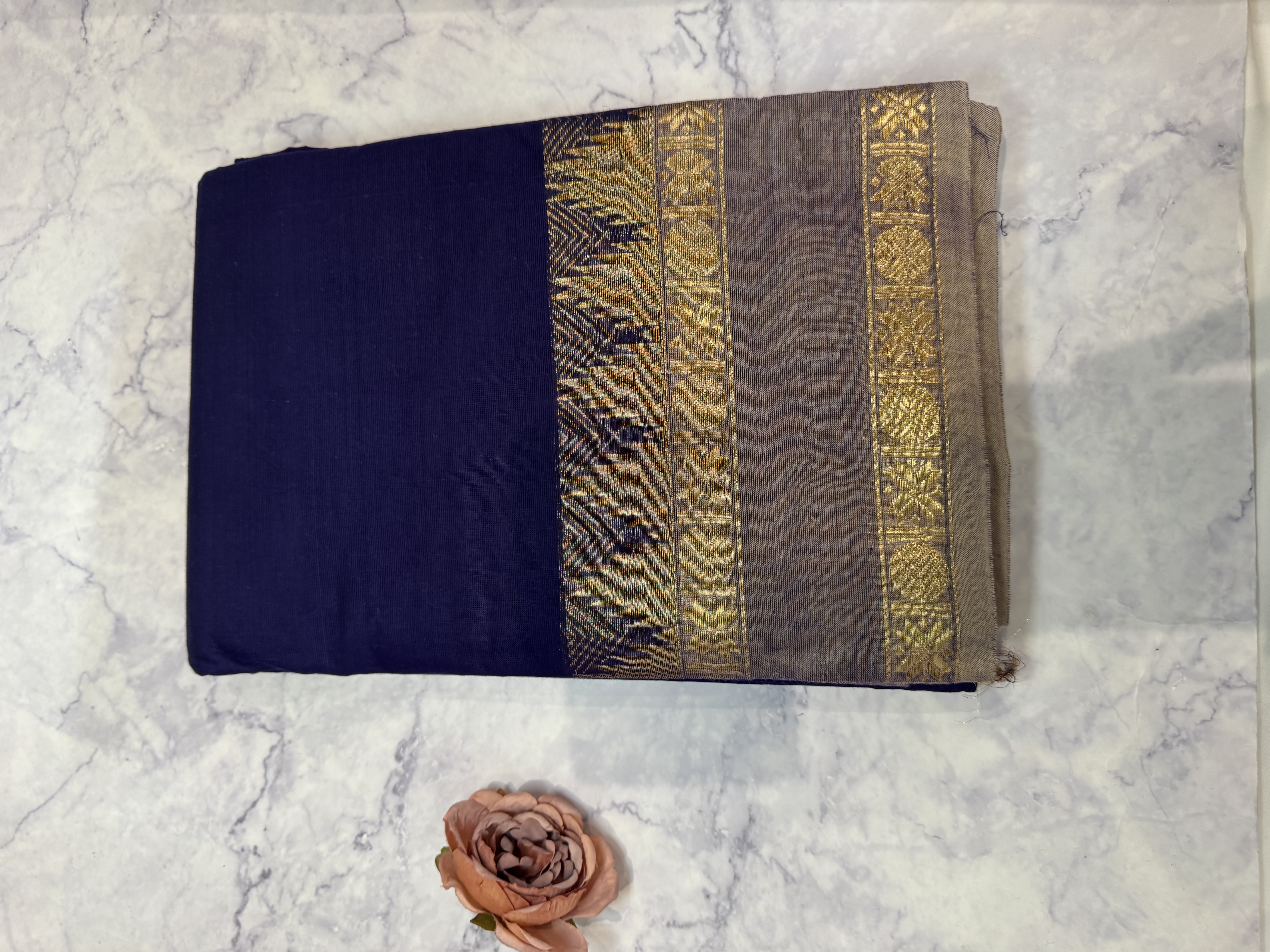 Navy blue cotton saree with grey border
