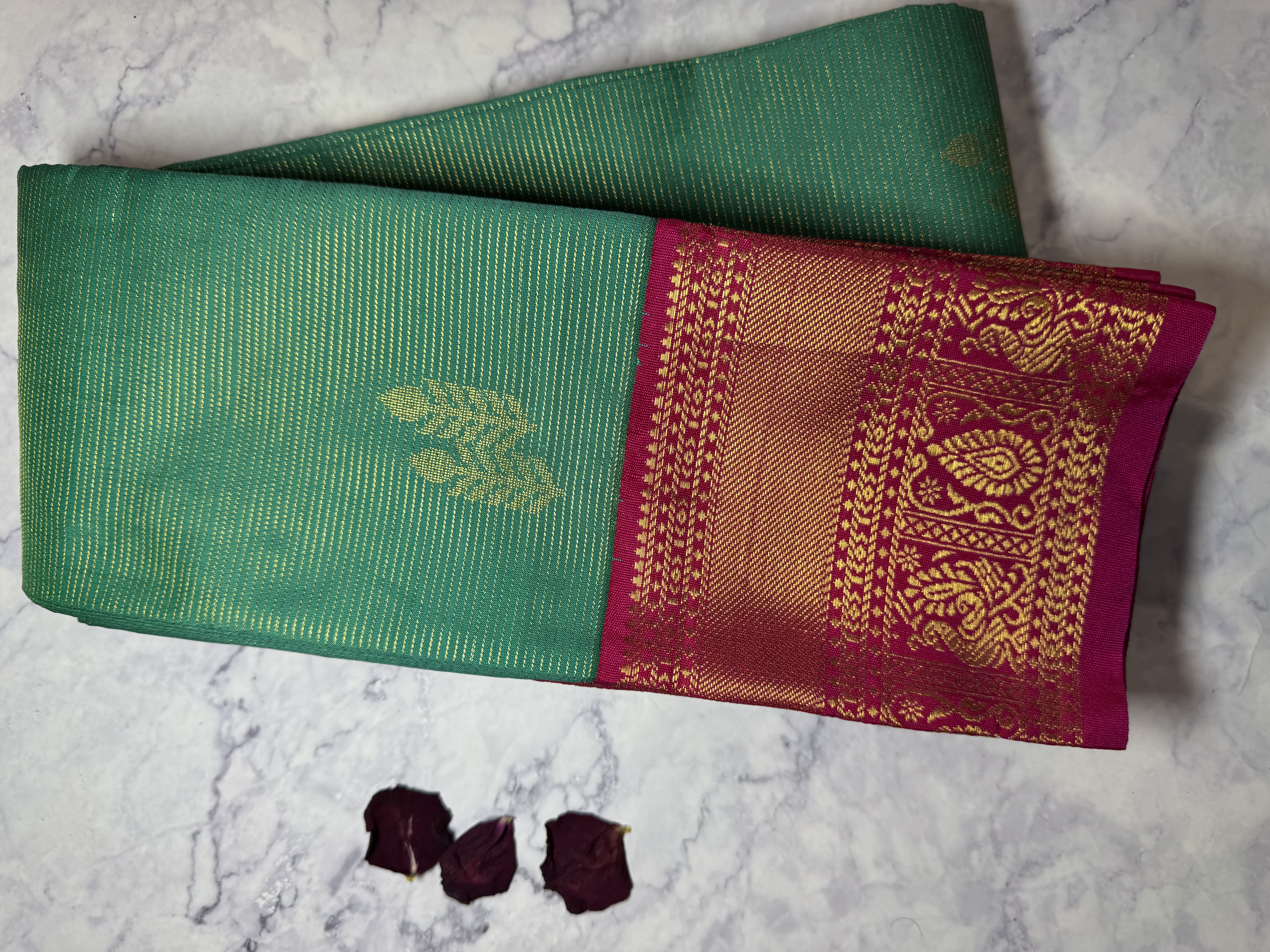 Teal green vaira oosi soft silk with pink blouse