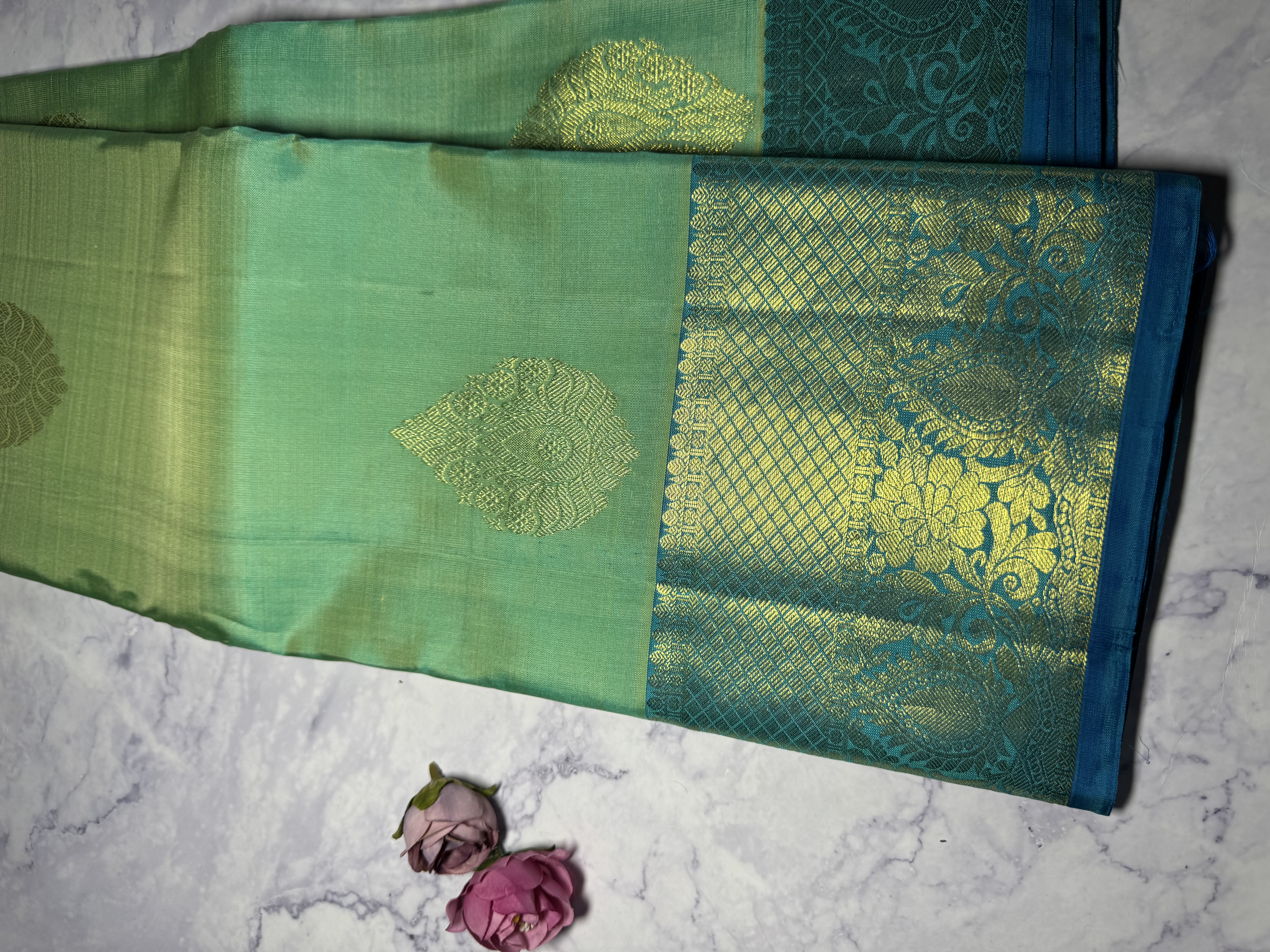 Blue/green dual tone pure silk saree 