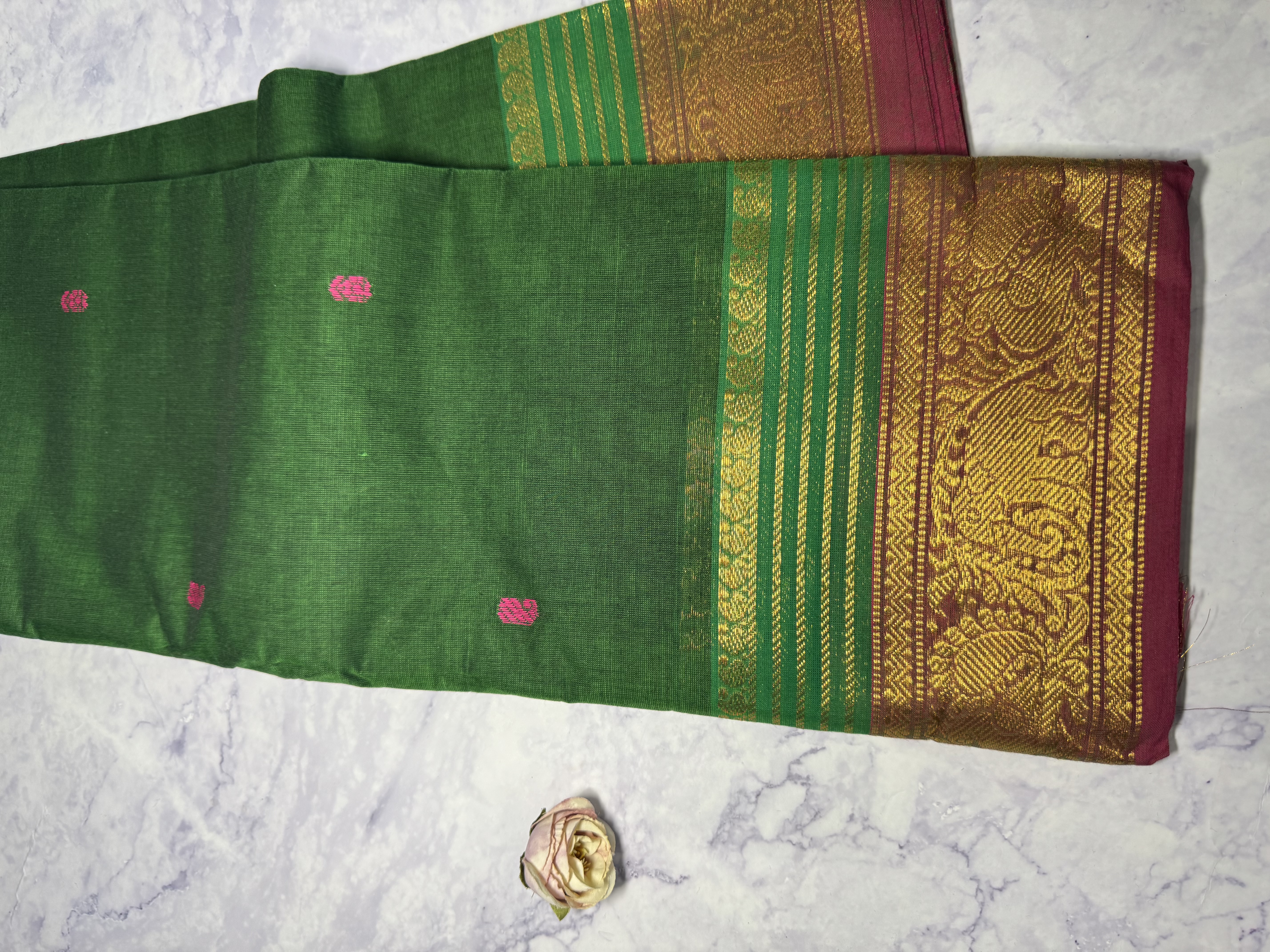 Grass green cotton saree with pink border