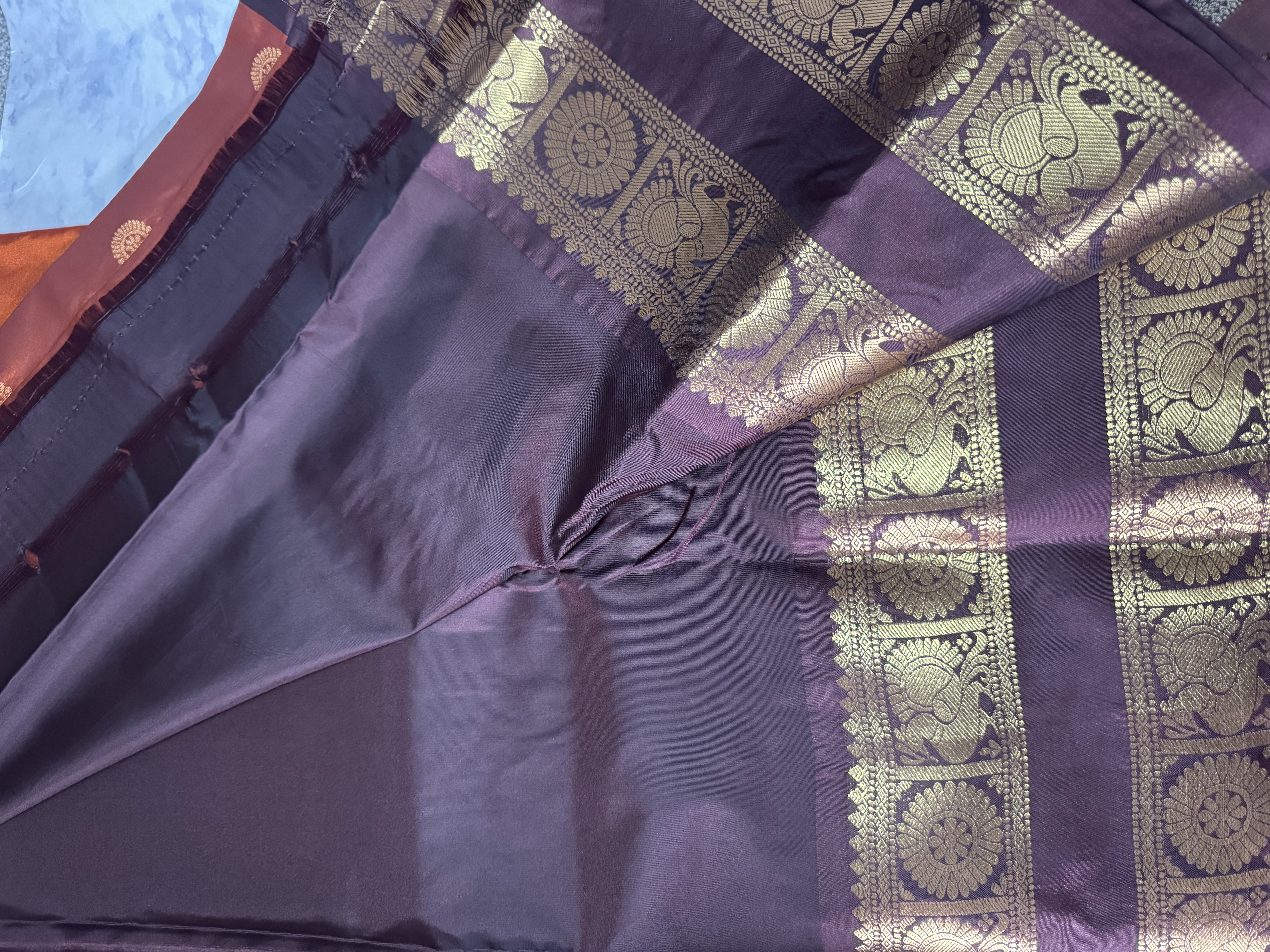 Burnt orange semi silk with brown blousd