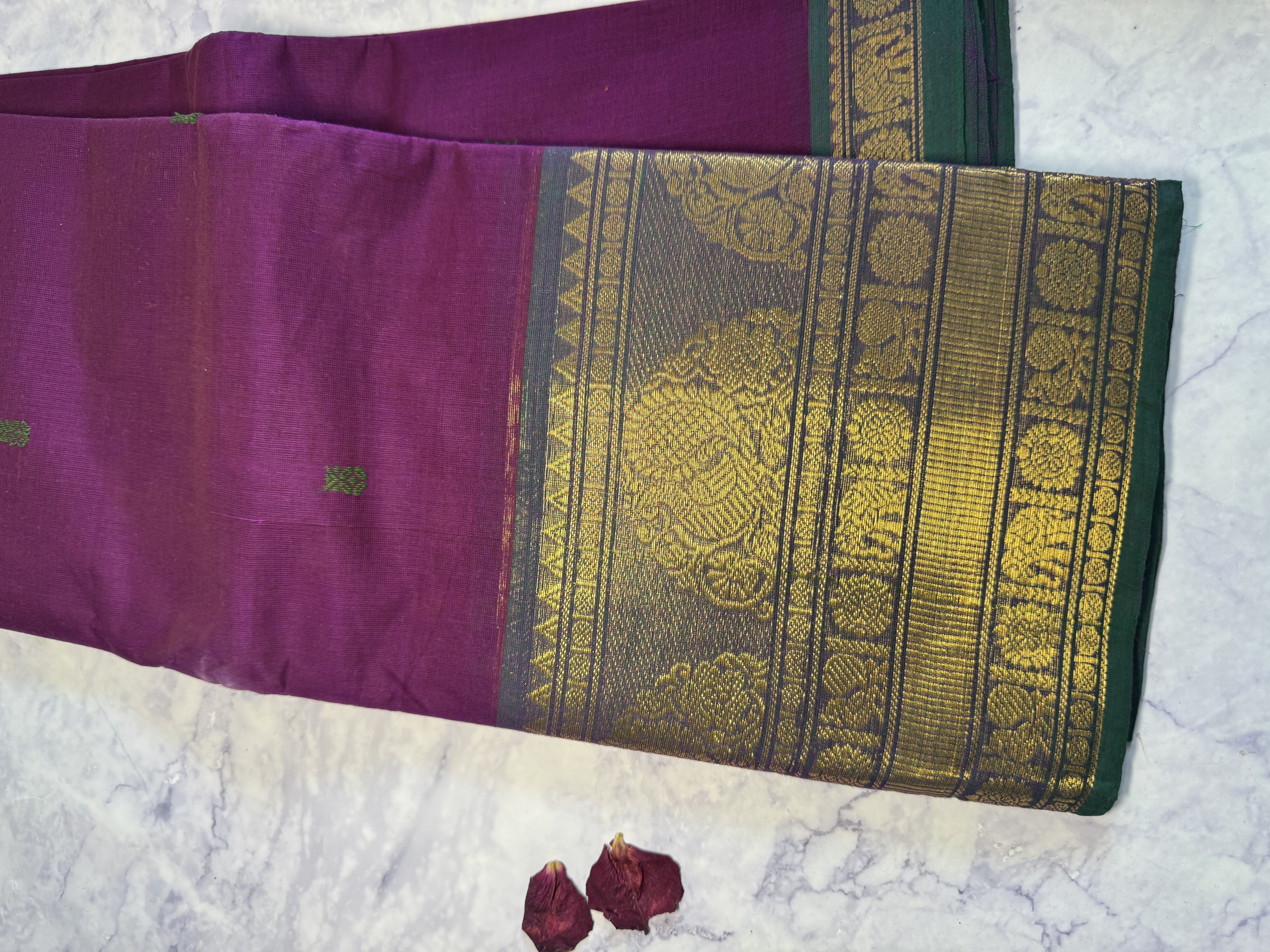 Purple cotton saree with green border