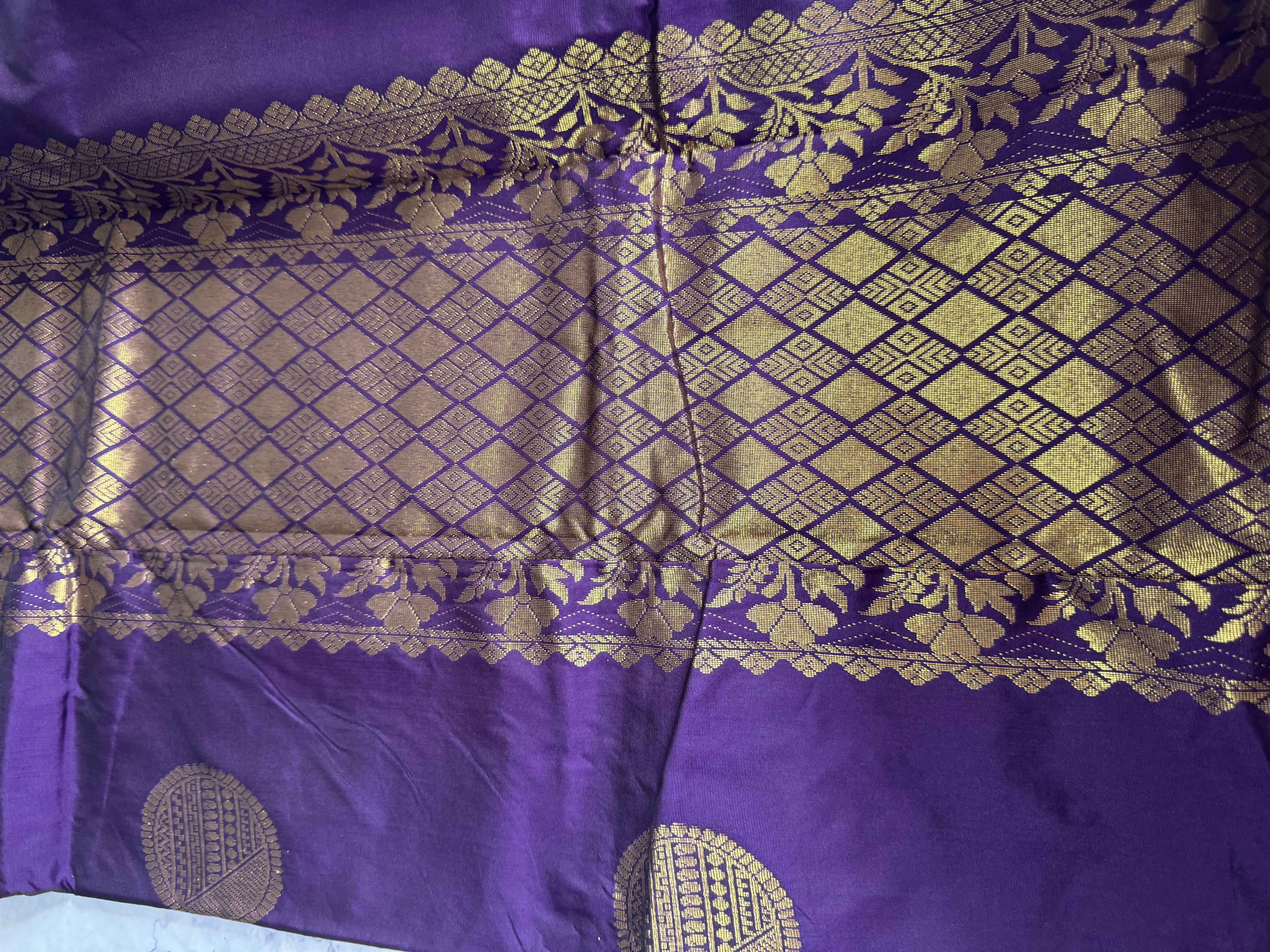 Purple semi silk saree with round buttas
