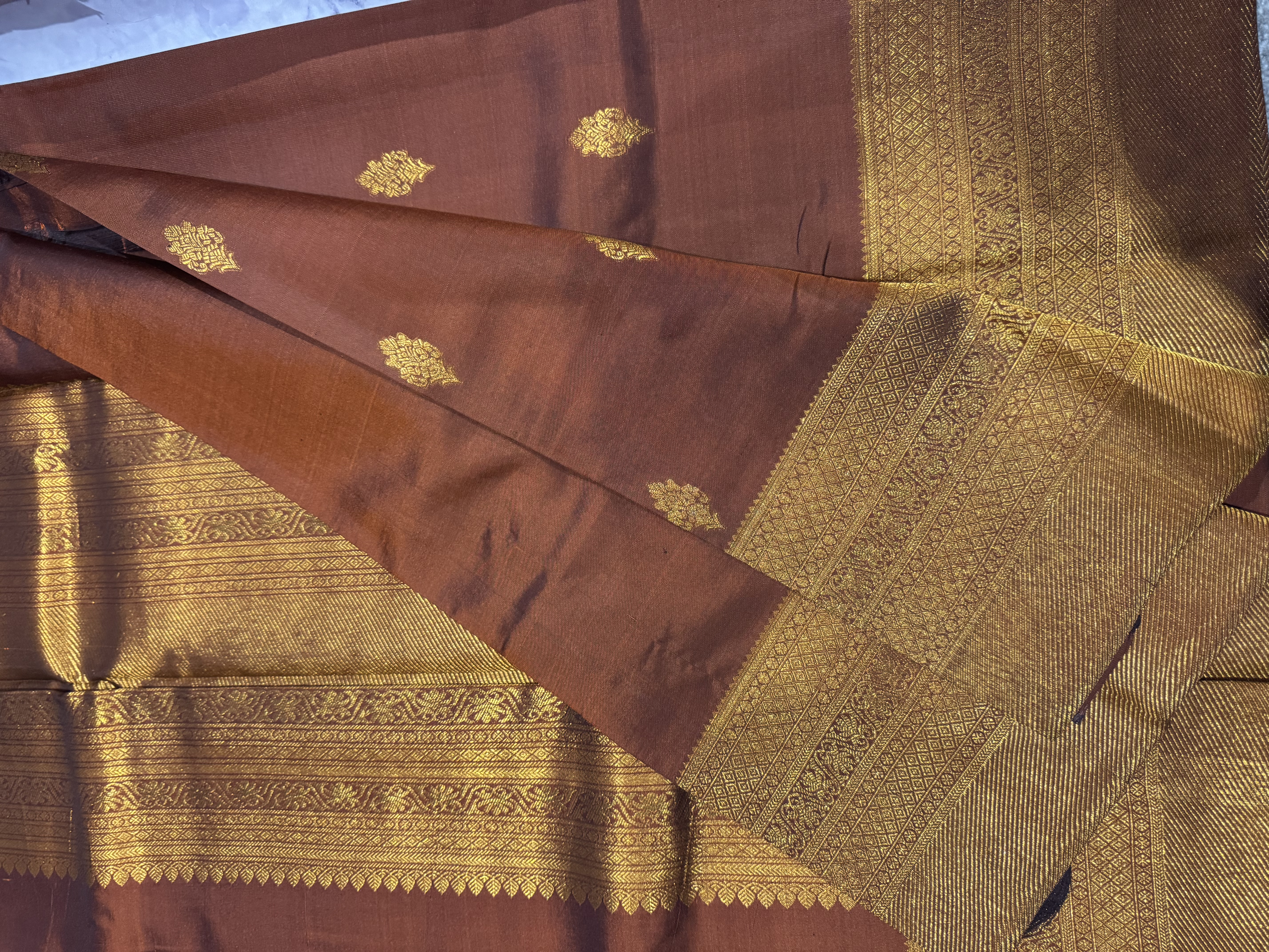 Brown orange dual tone pure silk saree