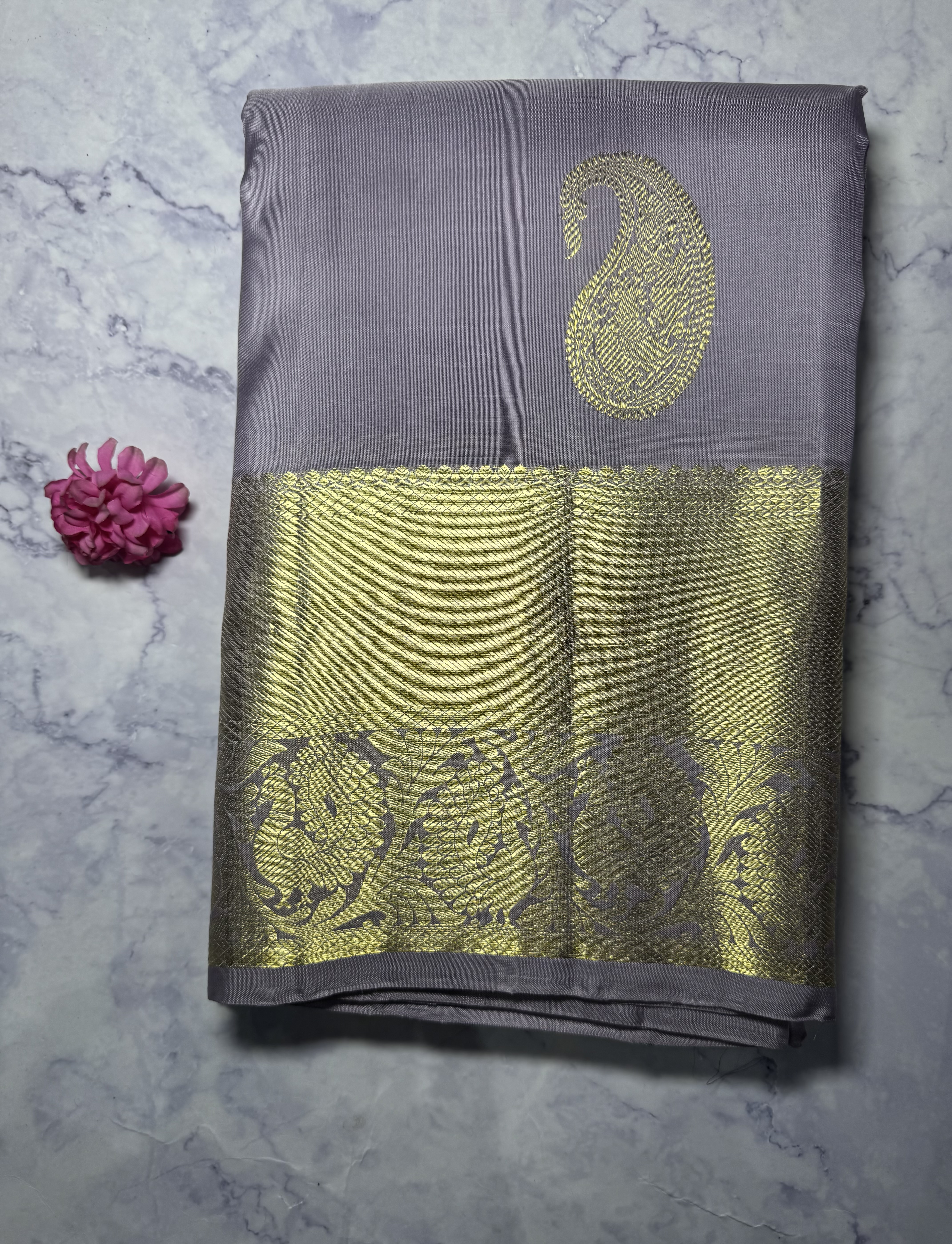 Muted lavender pure silk saree gold zari