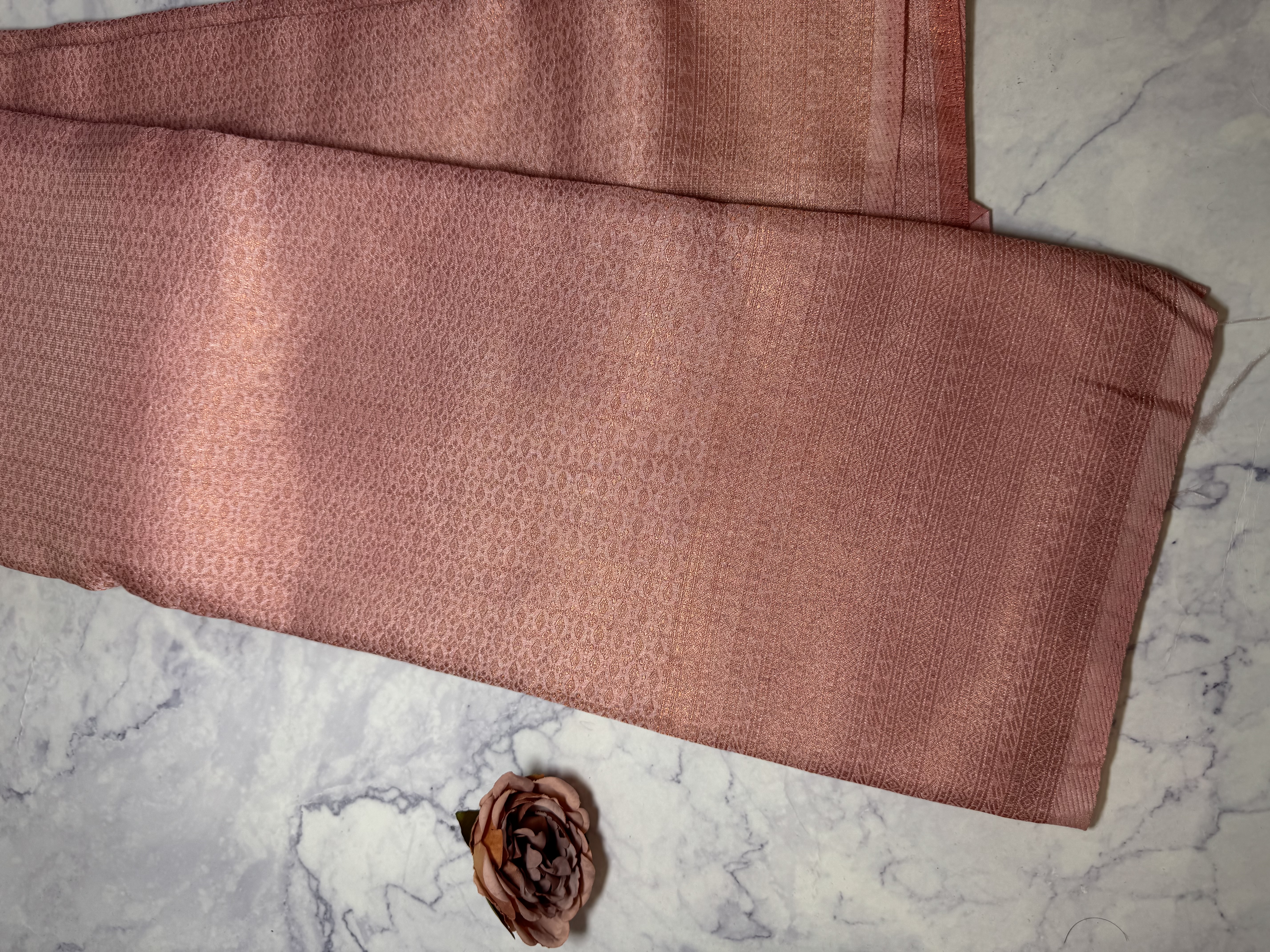 Pale pink kubera pattu with copper/rose gold zari