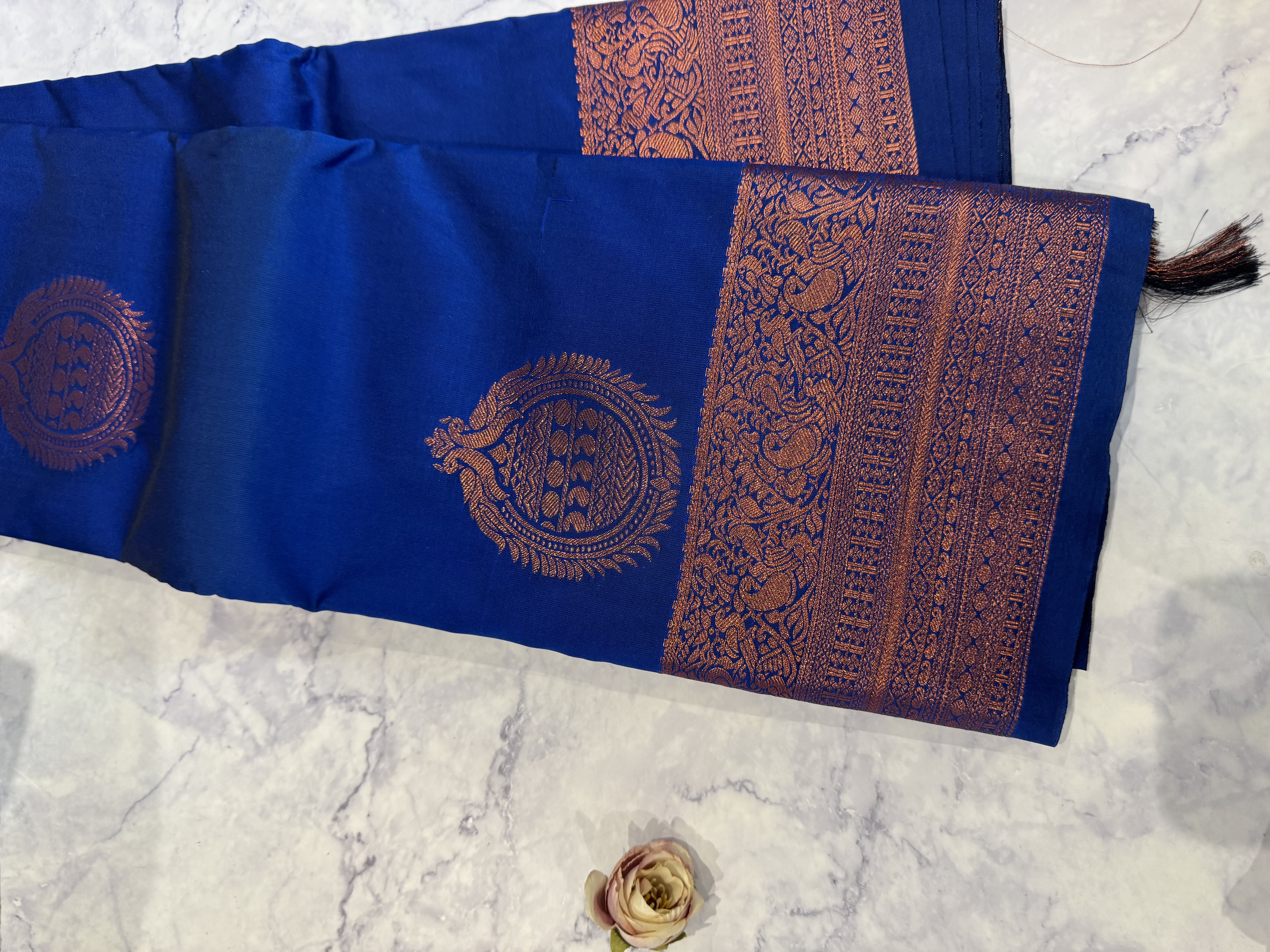 Royal blue semi silk with copper zari