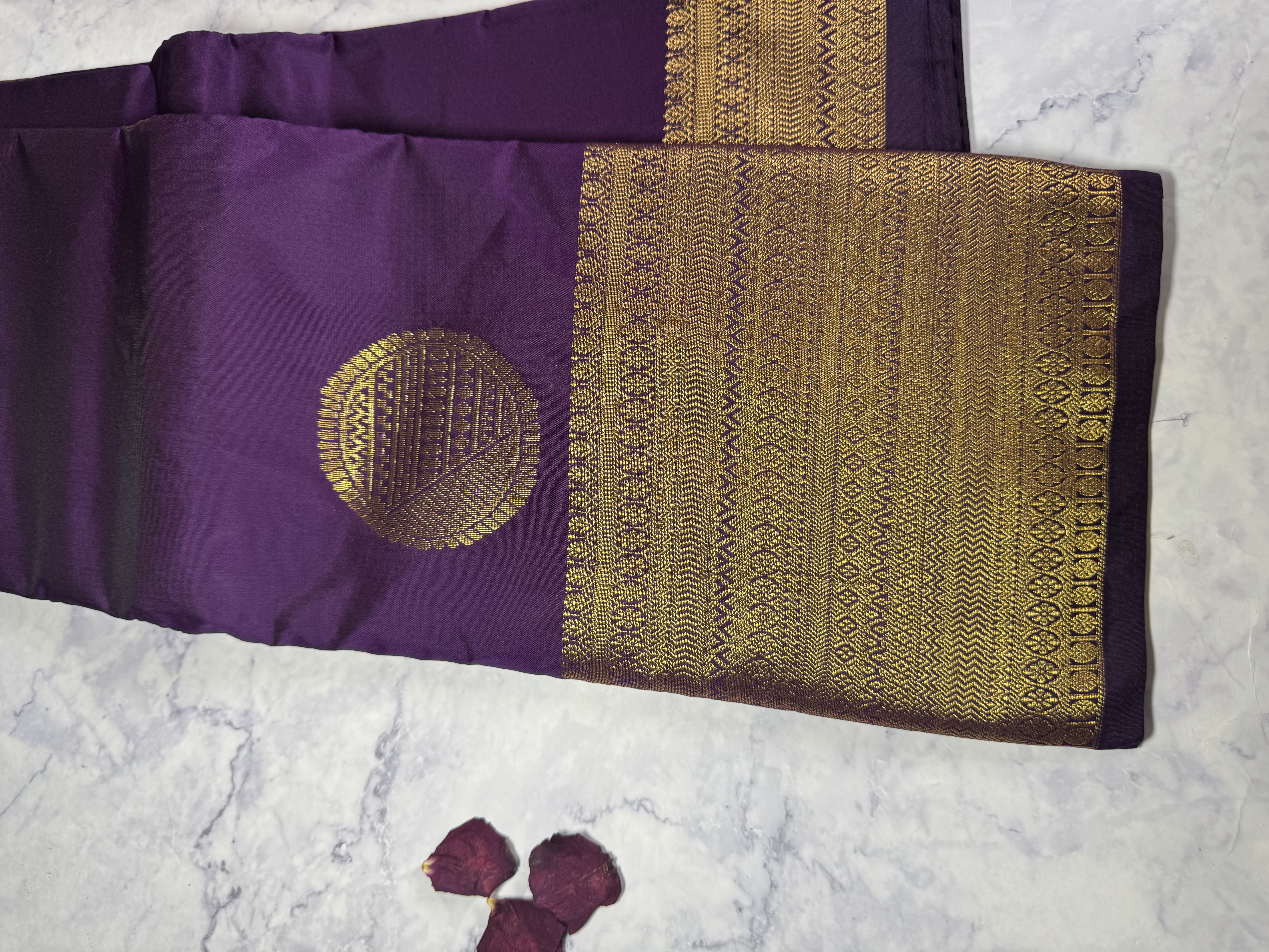 Purple semi silk saree with round buttas