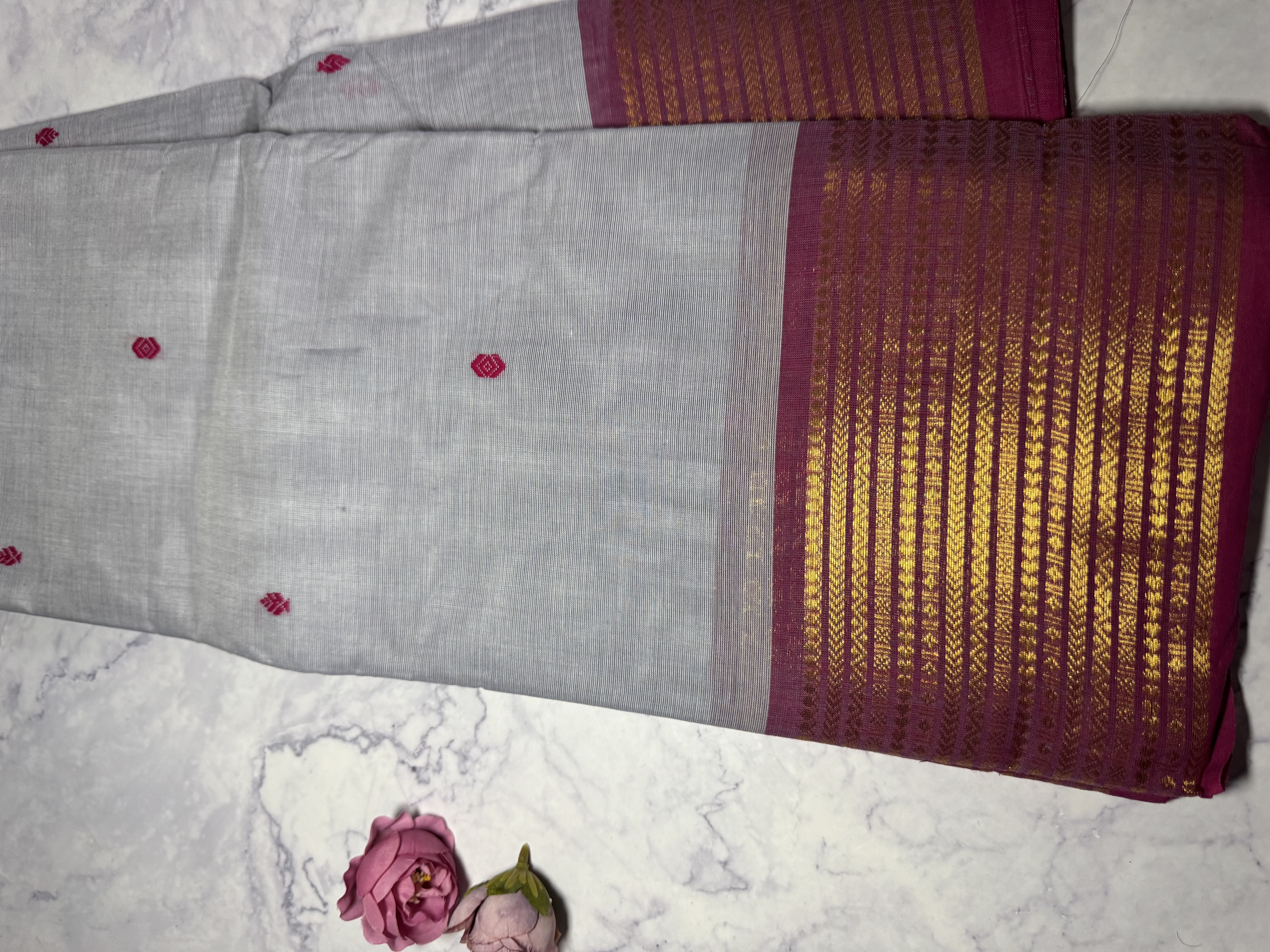 Grey blue cotton saree with pink border