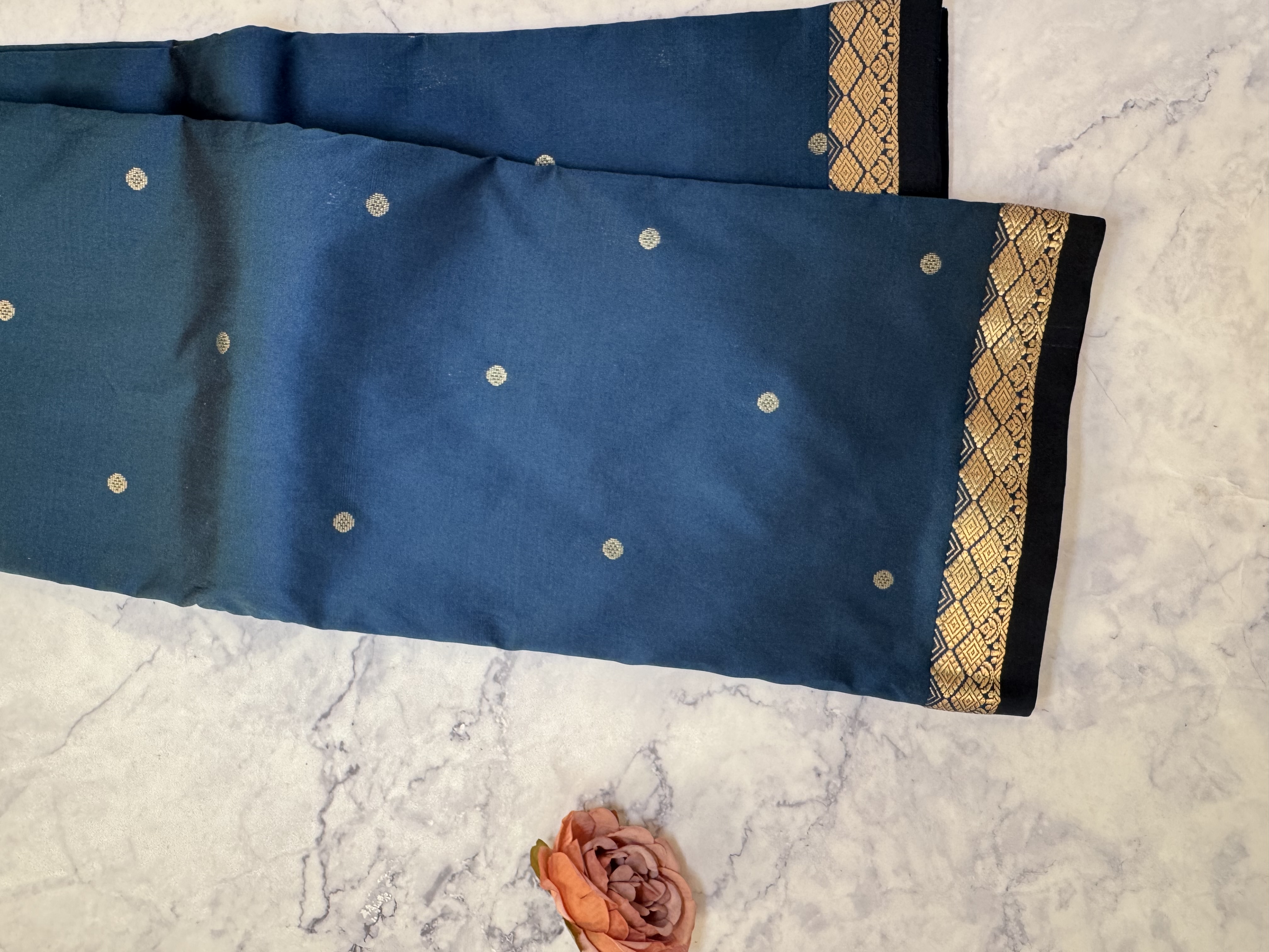 Teal blue semi silk saree with thin border