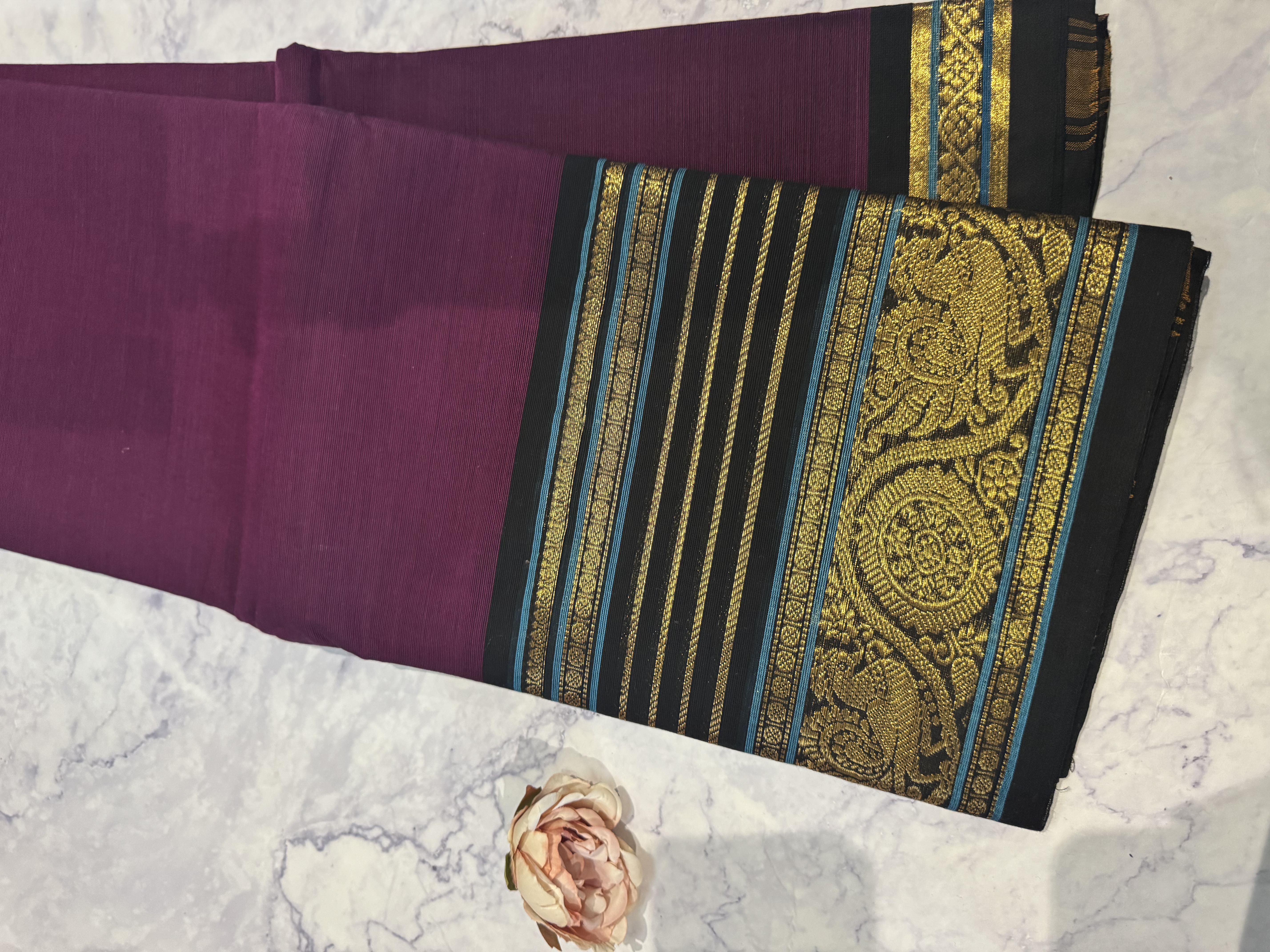 Dark purple cotton saree with black border