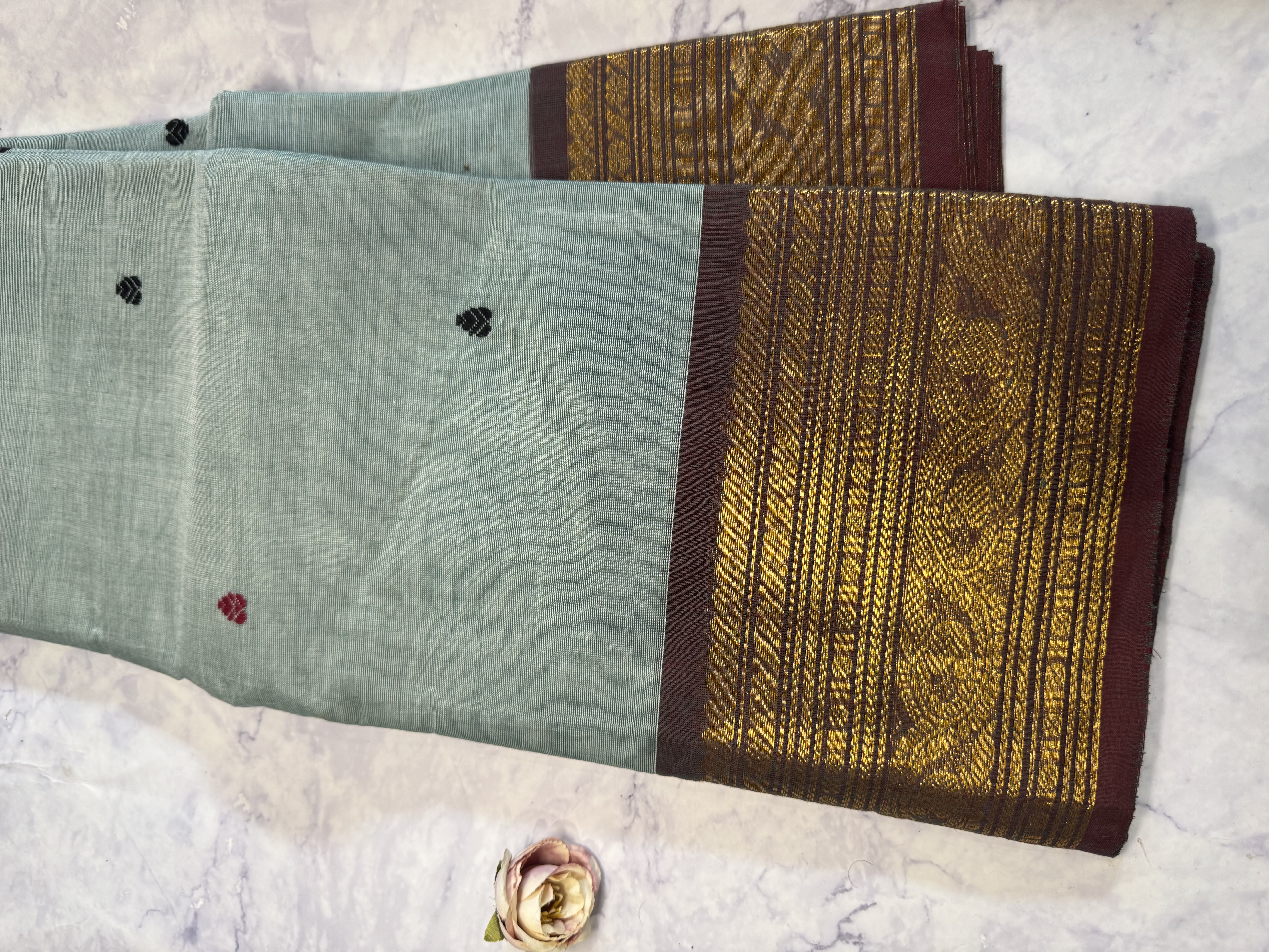 Blue grey cotton saree with brown border