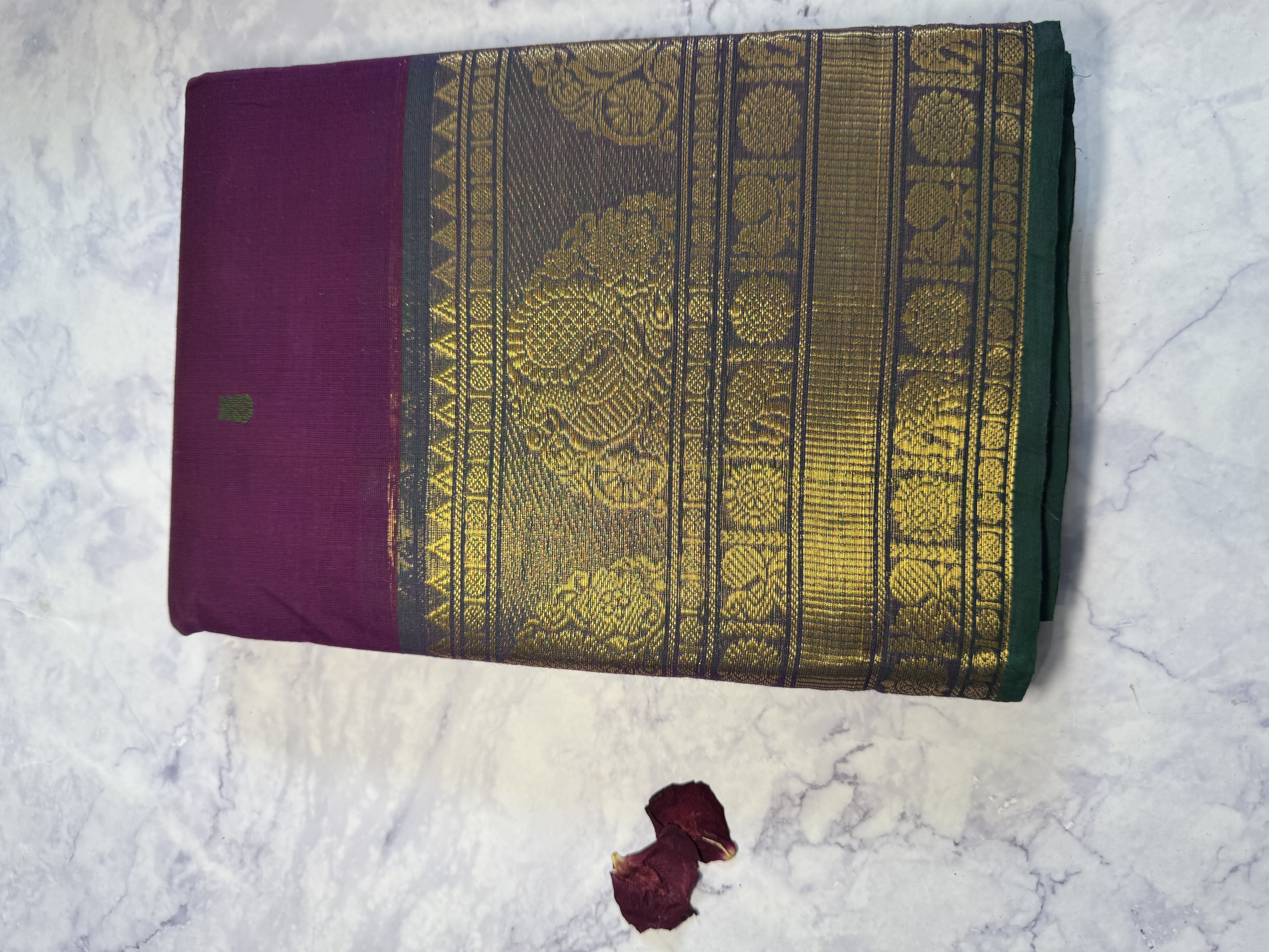 Purple cotton saree with green border