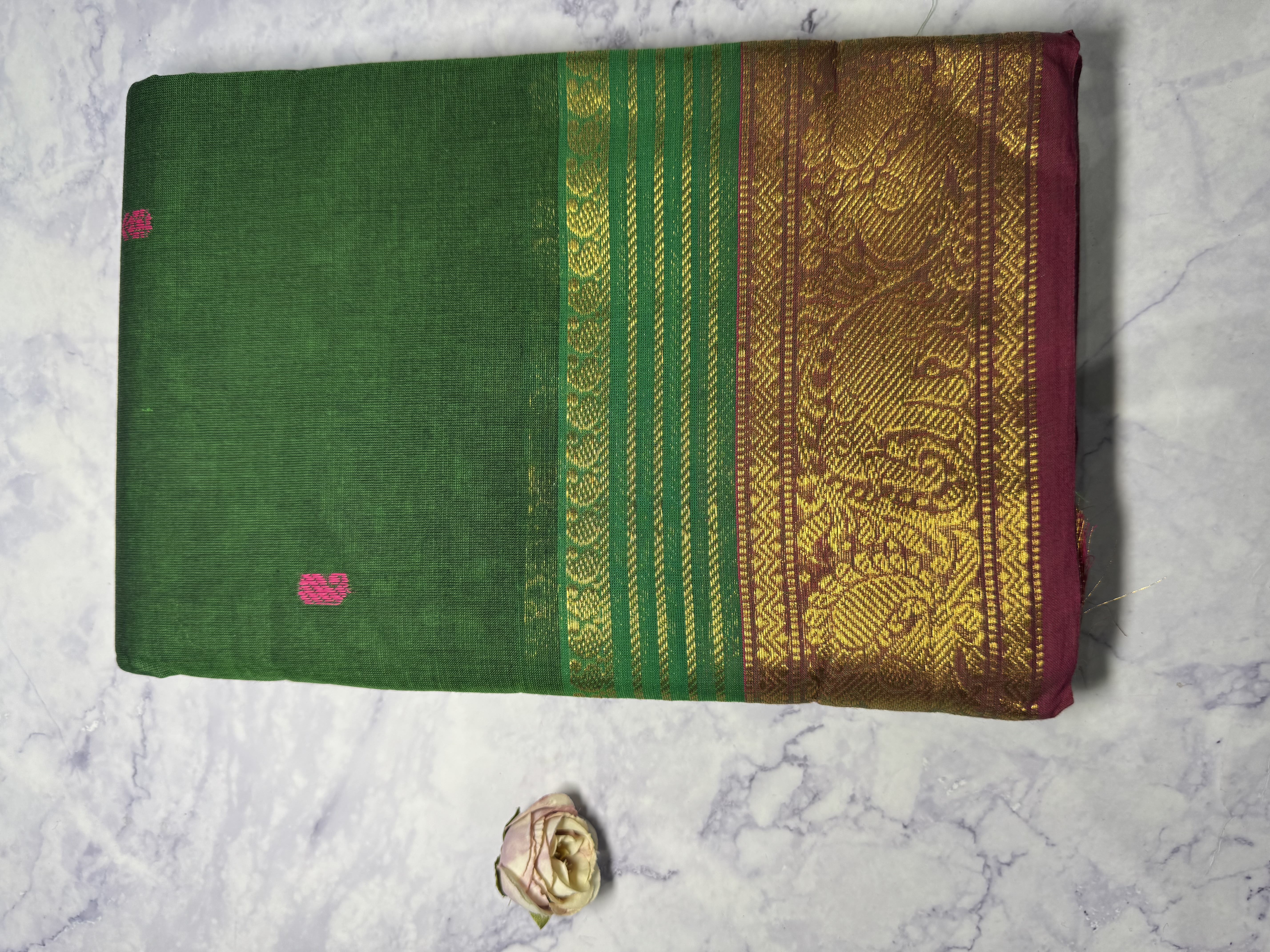 Grass green cotton saree with pink border