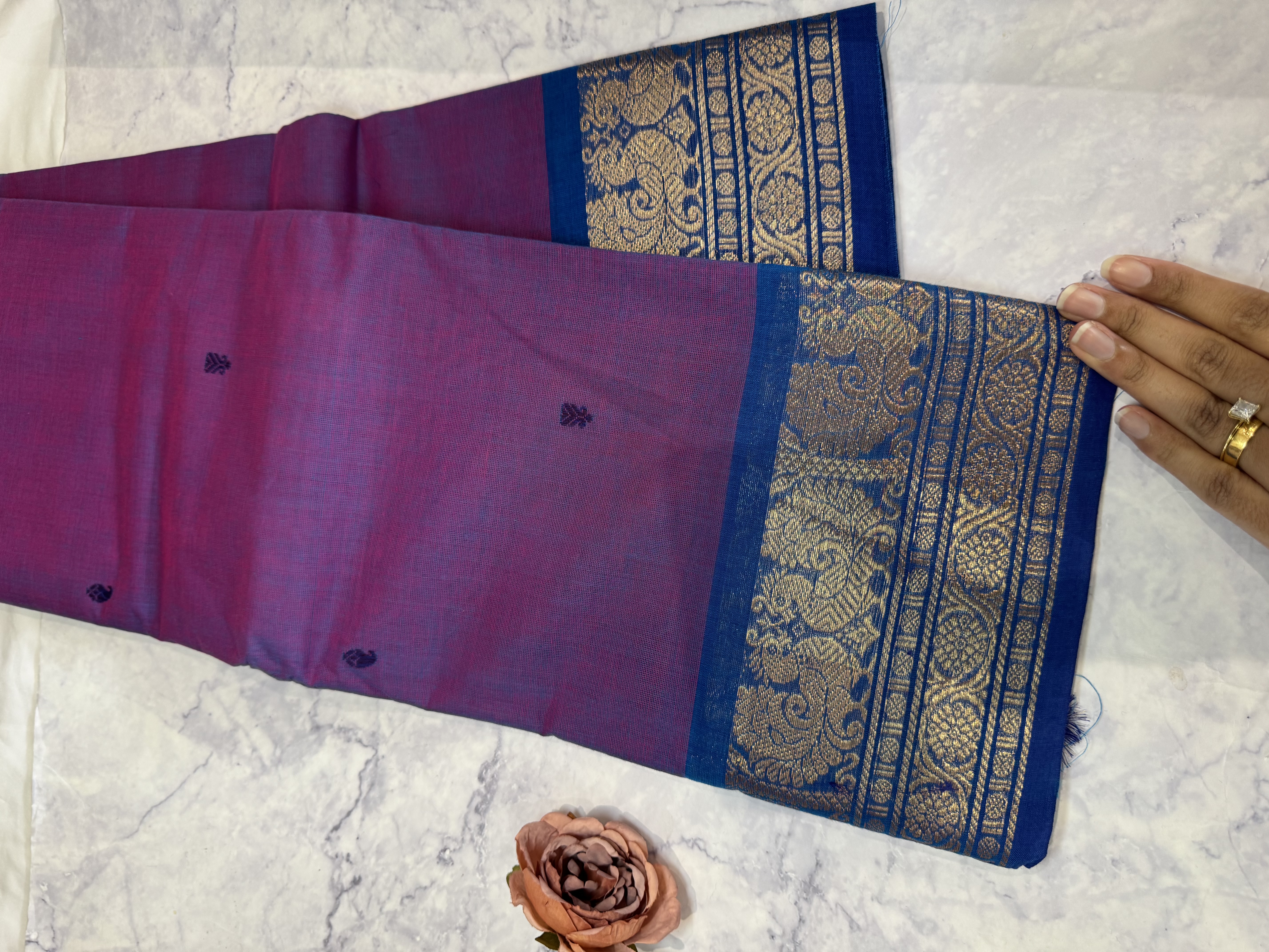 Dual tone purple cotton saree with blue border