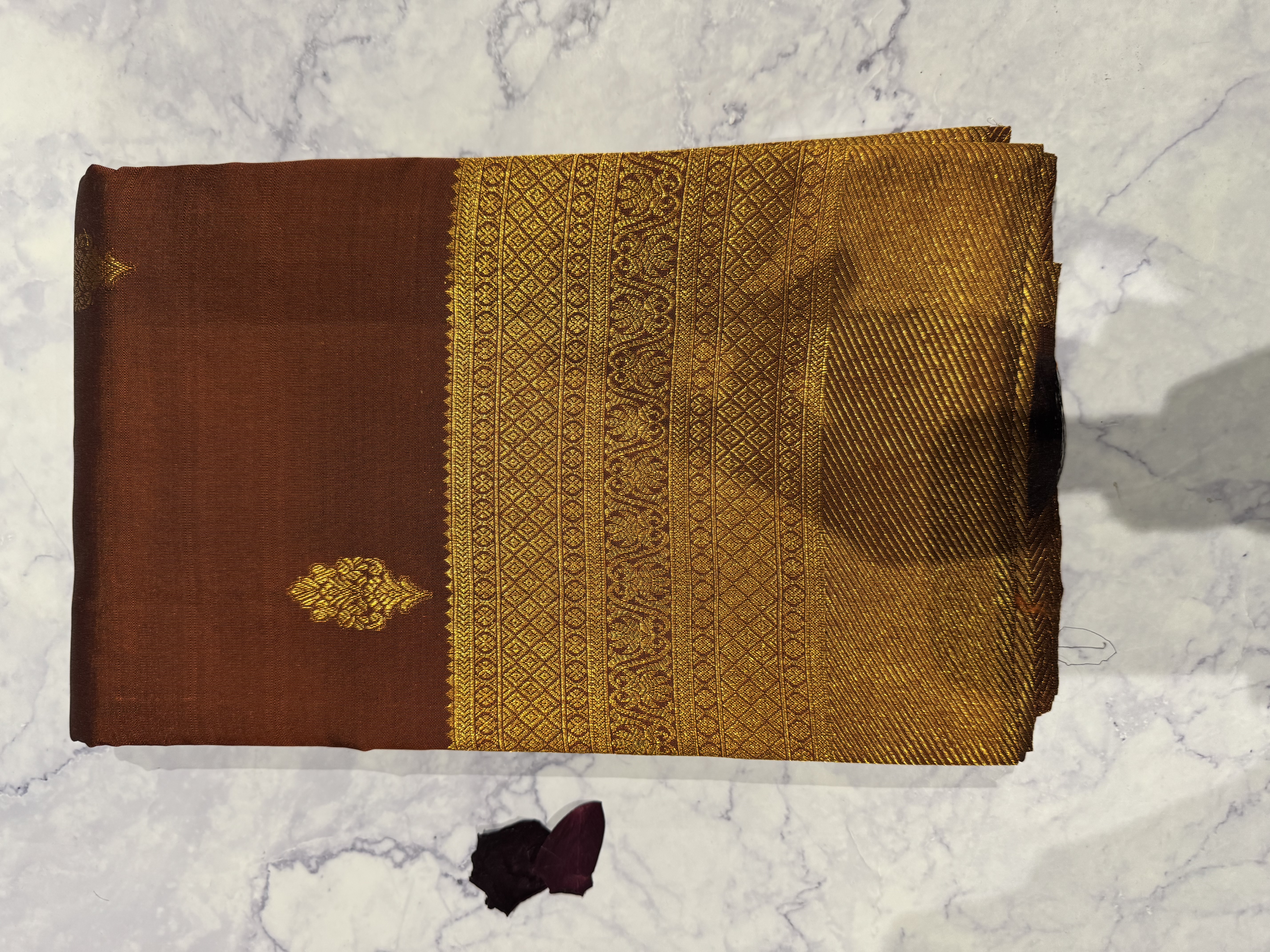 Brown orange dual tone pure silk saree