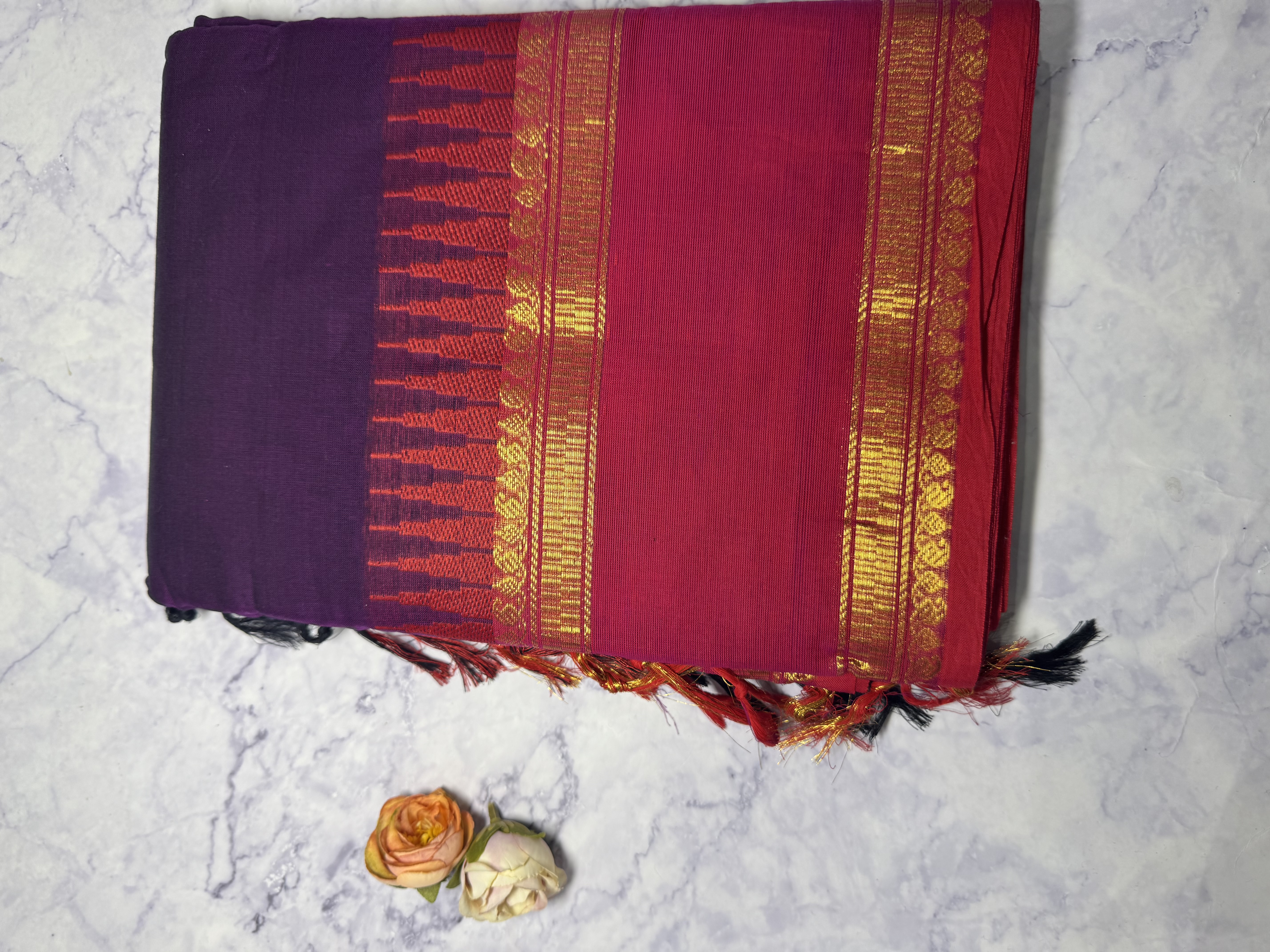 Purple cotton saree with red gap border