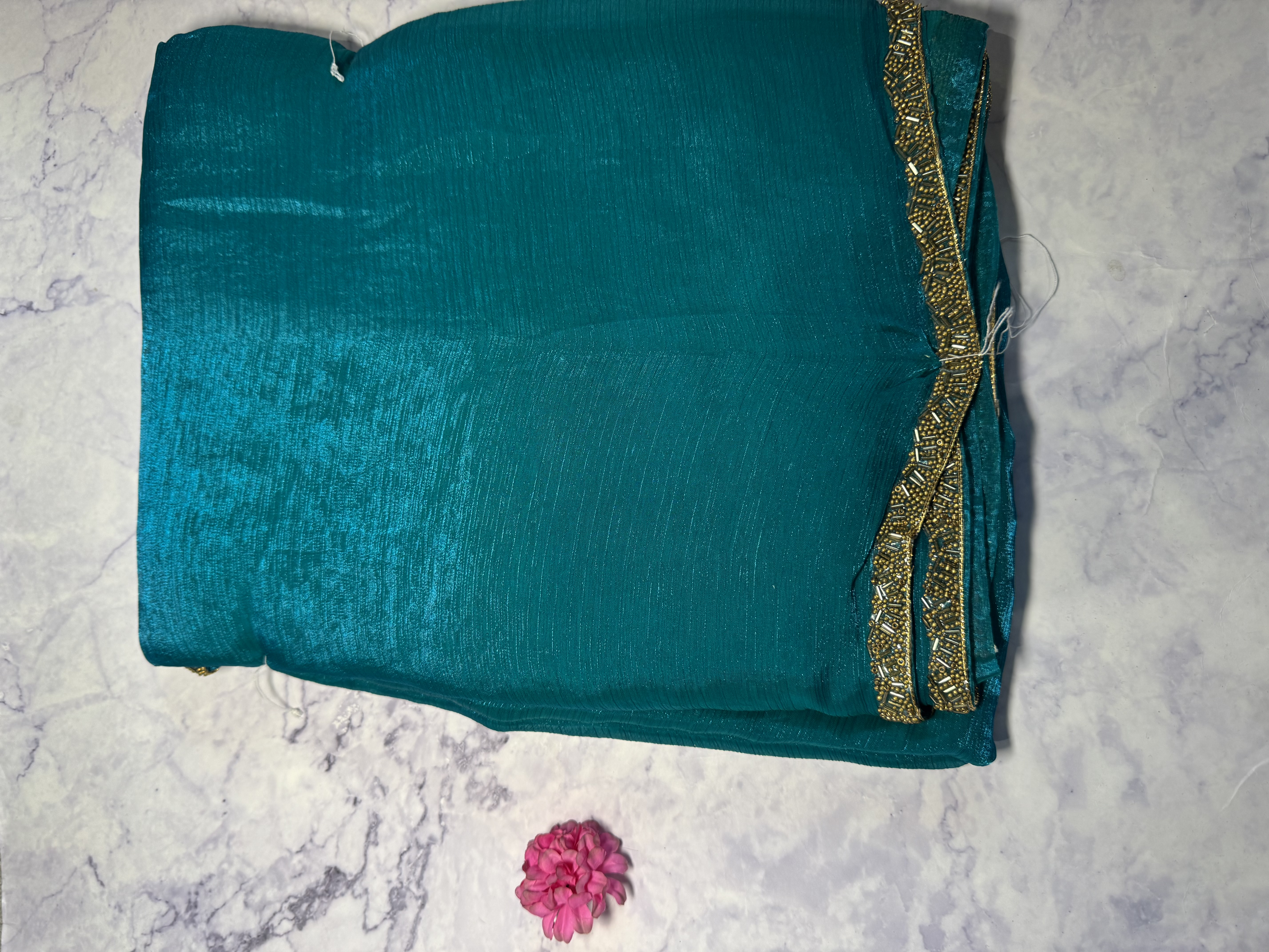 Turquoise blue party saree with thin border