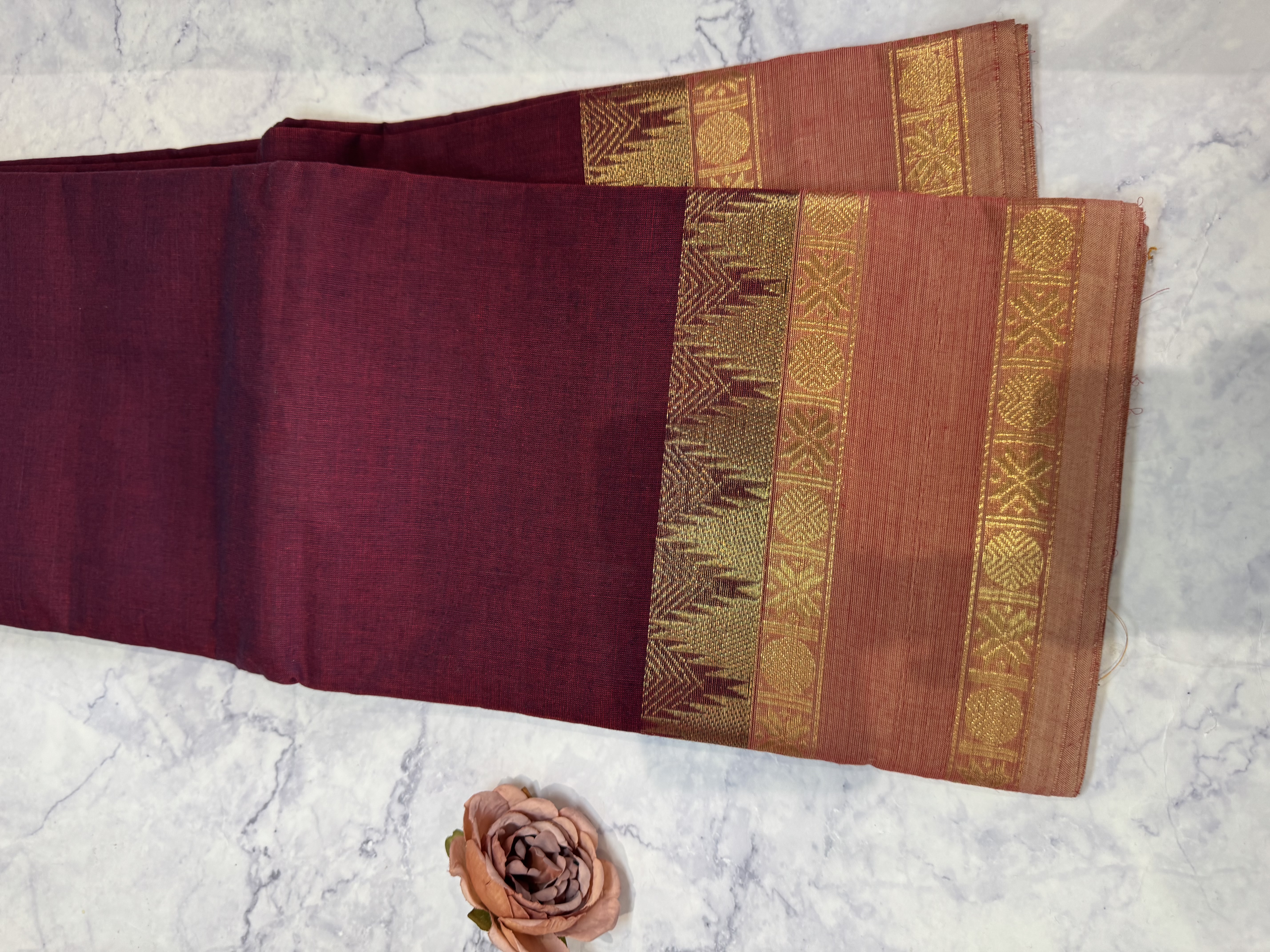 Maroon cotton saree with pink border