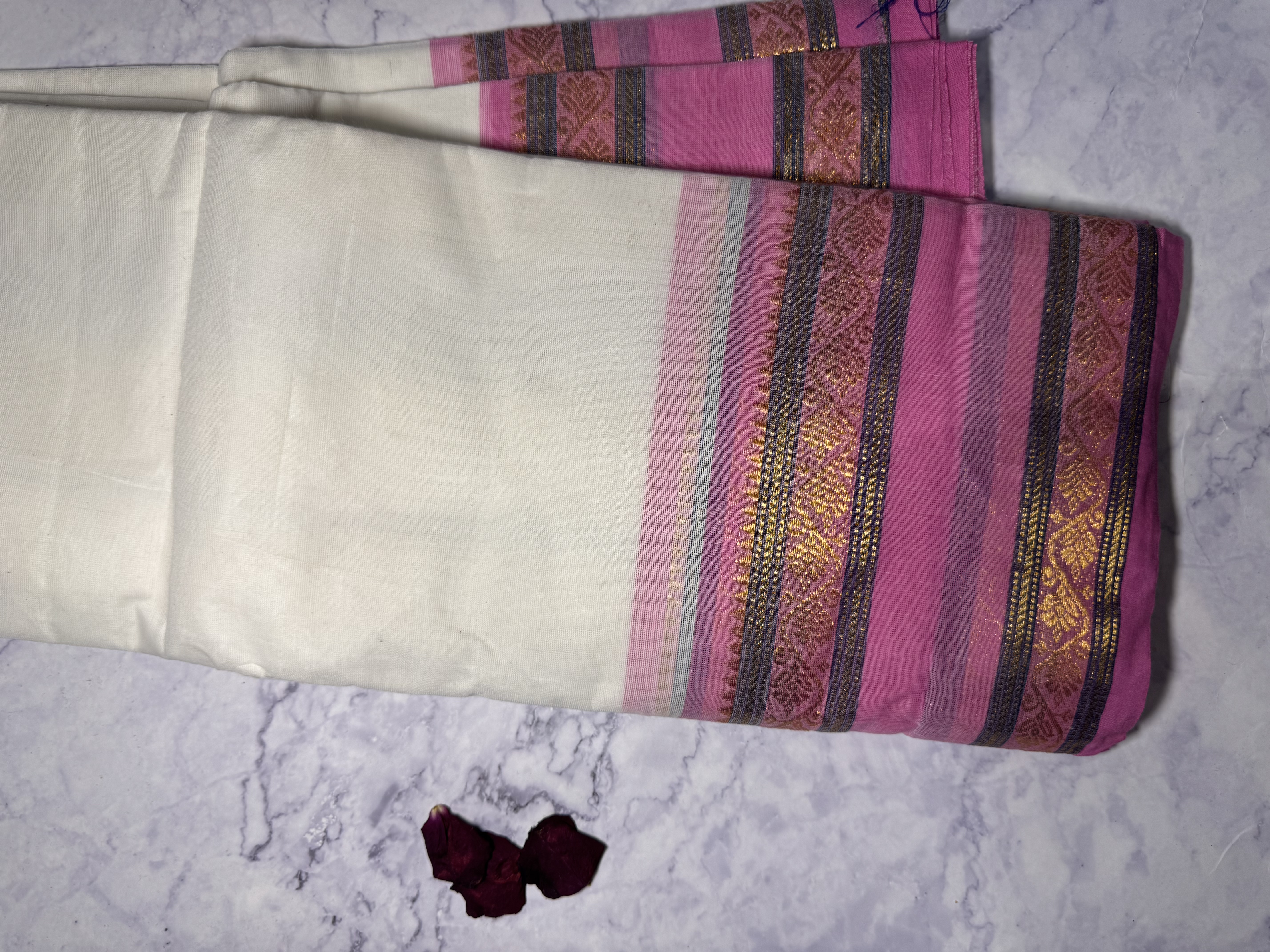 White and pink cotton saree