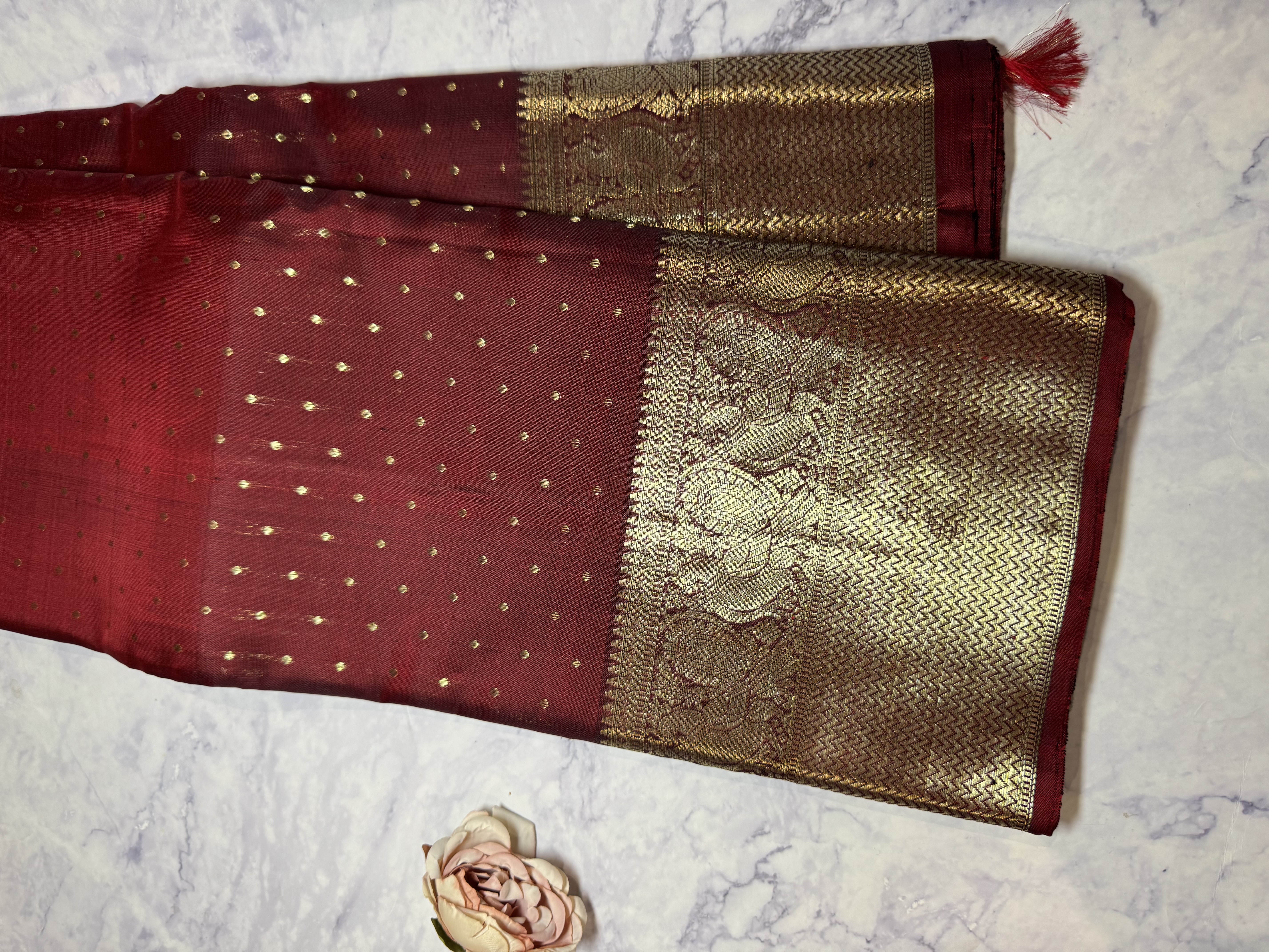 Pure silk berry red kanchipuram silk saree dot design