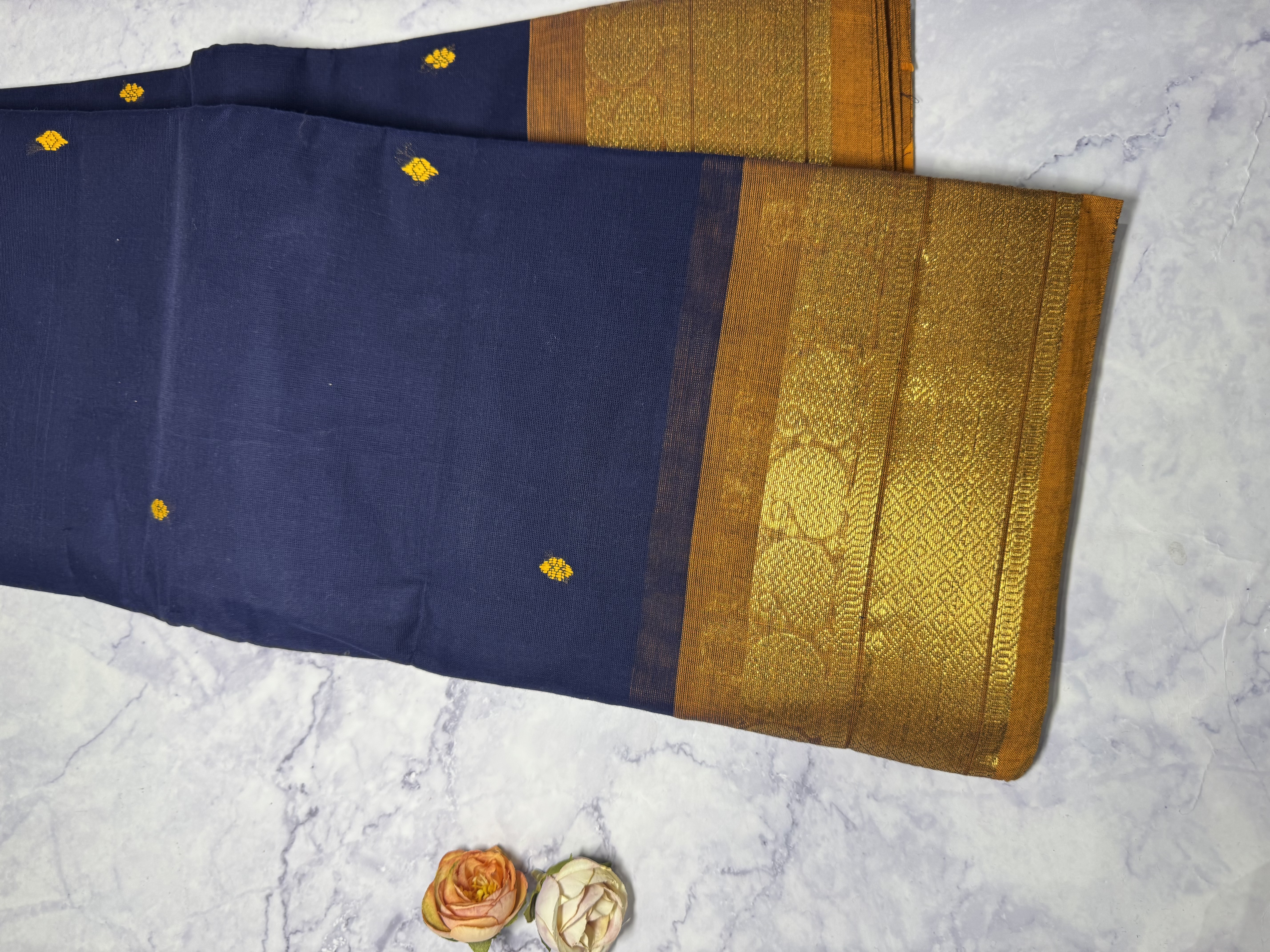 Navy blue cotton saree with yellow border