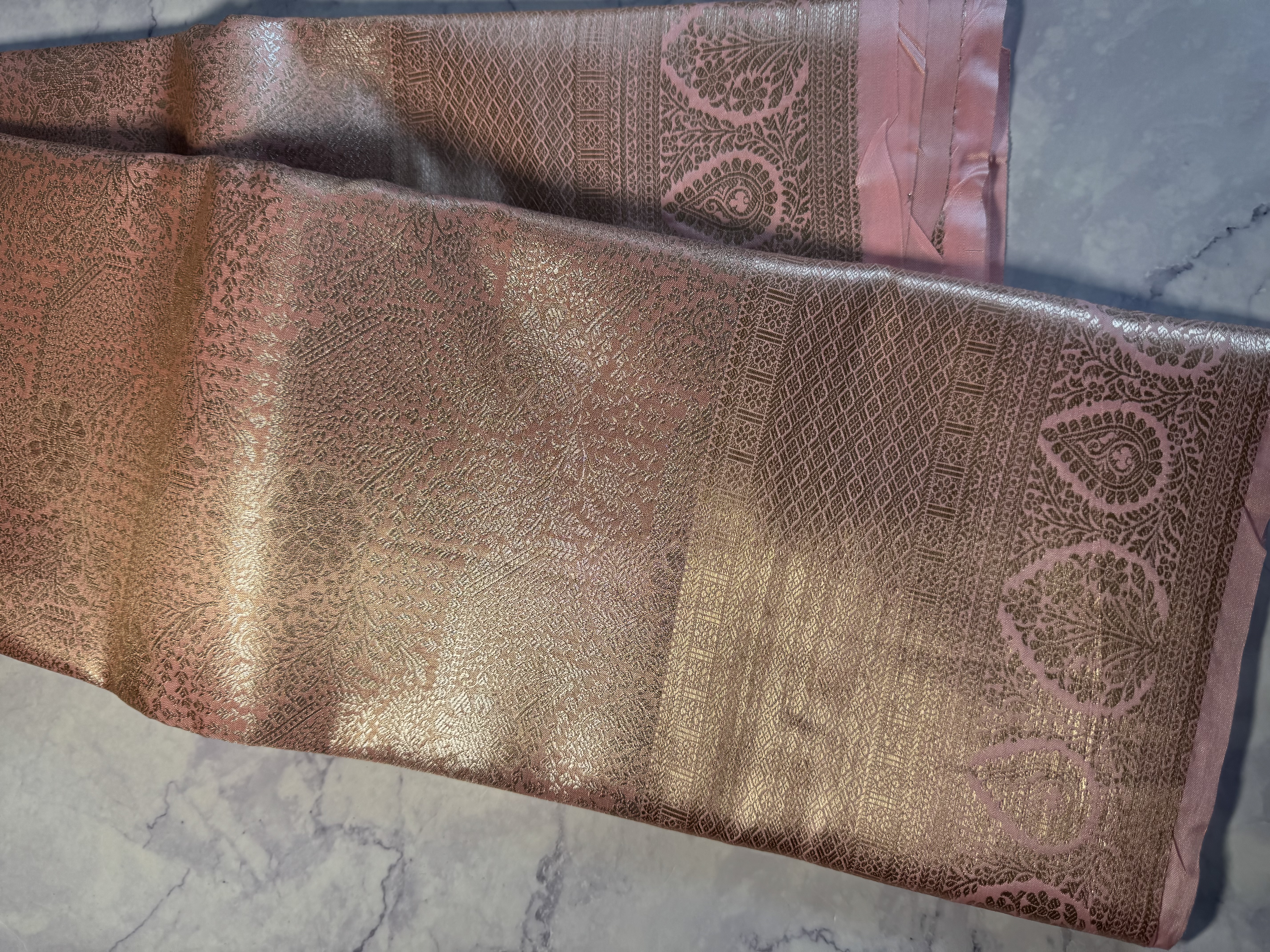 Peach tissue silk saree with silver zari