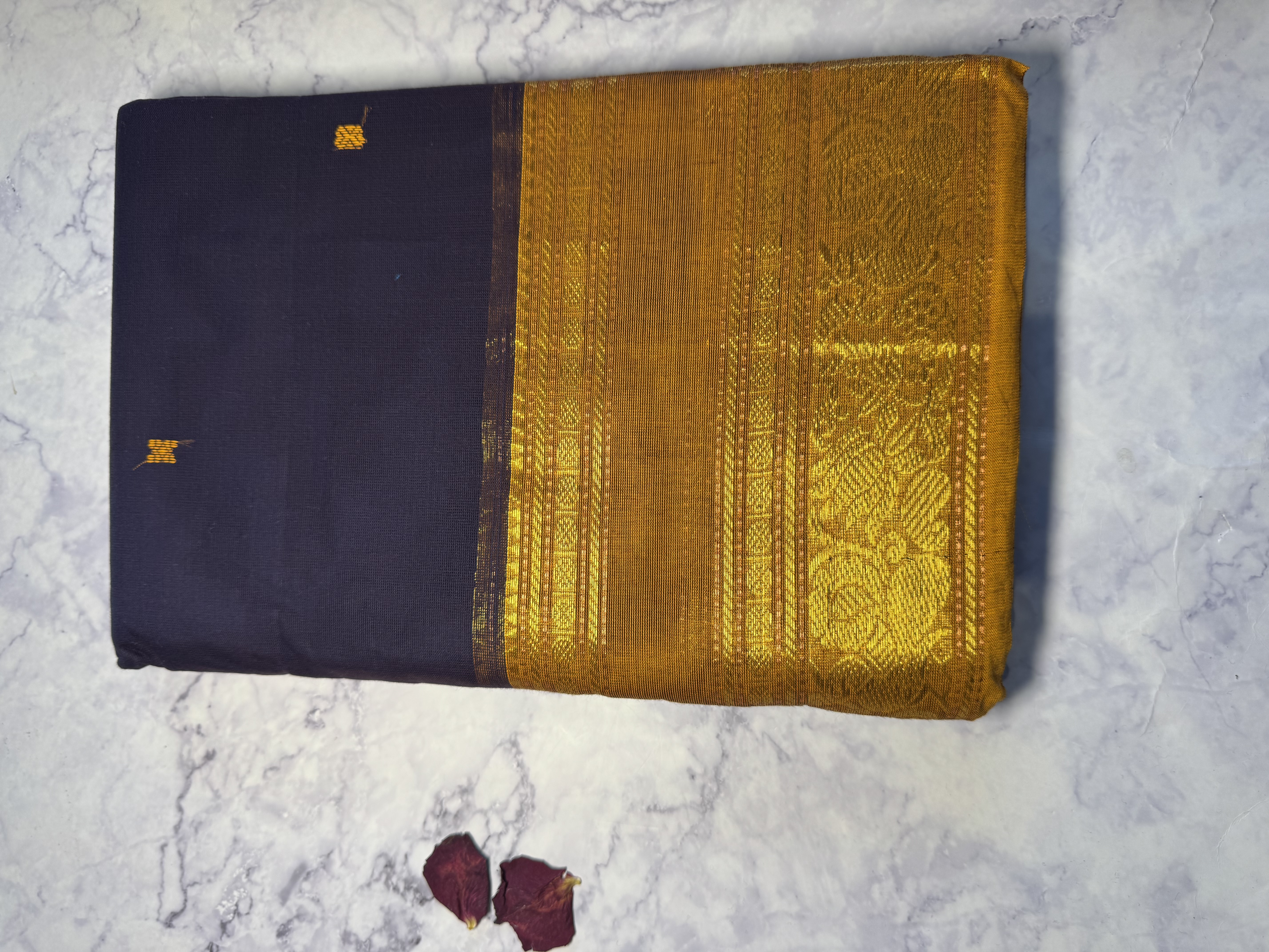 Navy blue cotton saree with yellow border