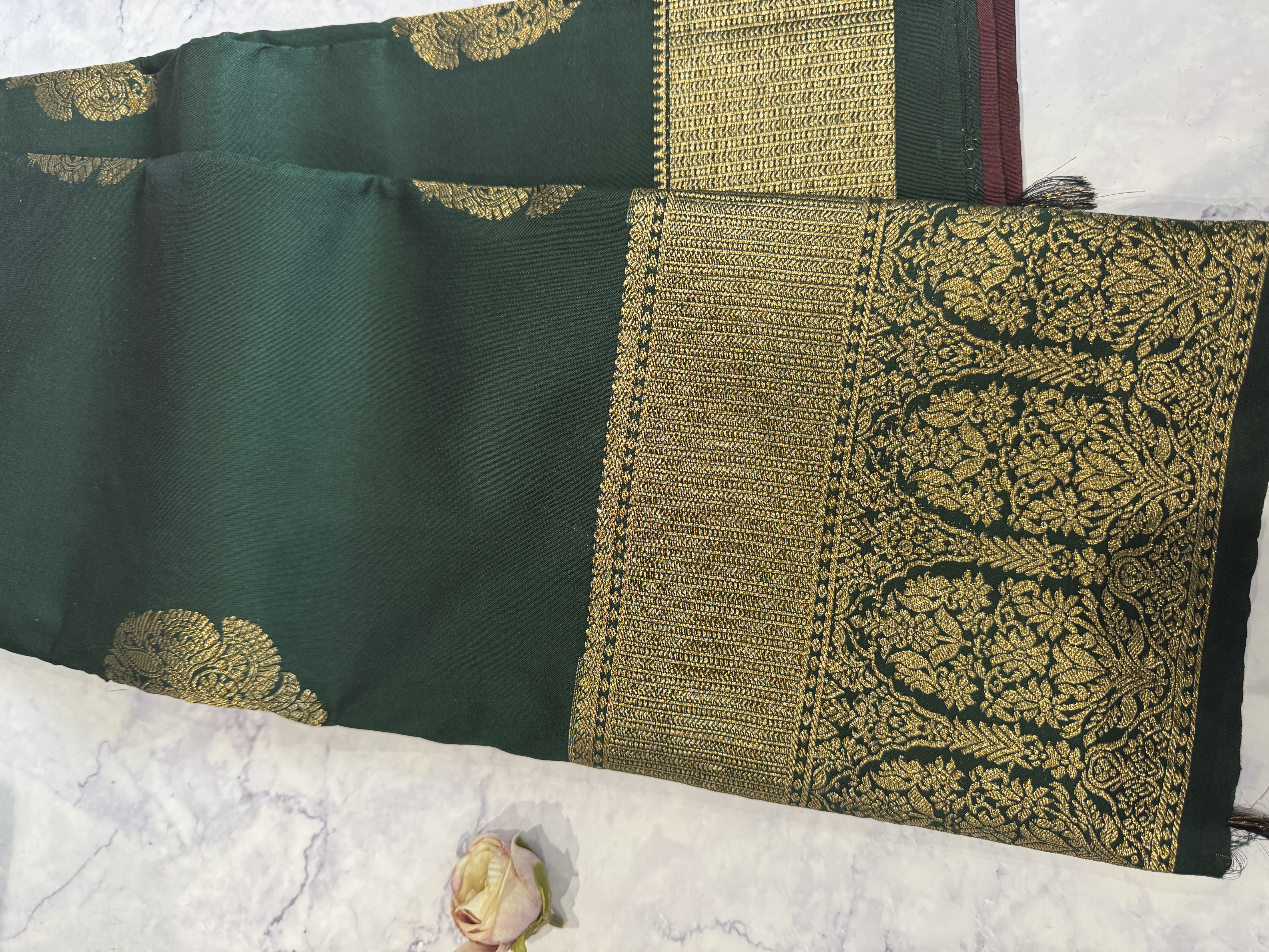 Emerald green semi silk saree with maroon blouse