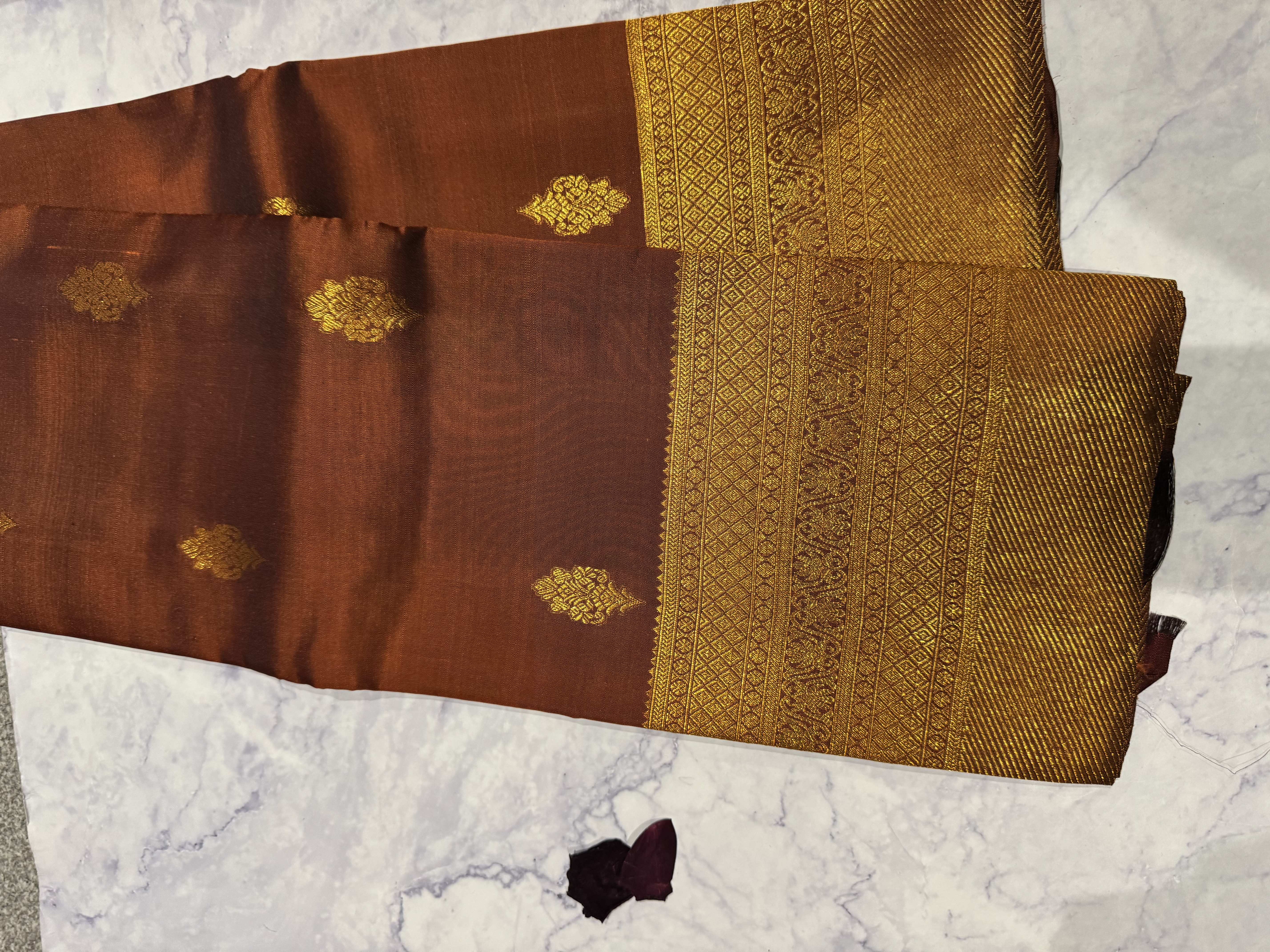 Brown orange dual tone pure silk saree