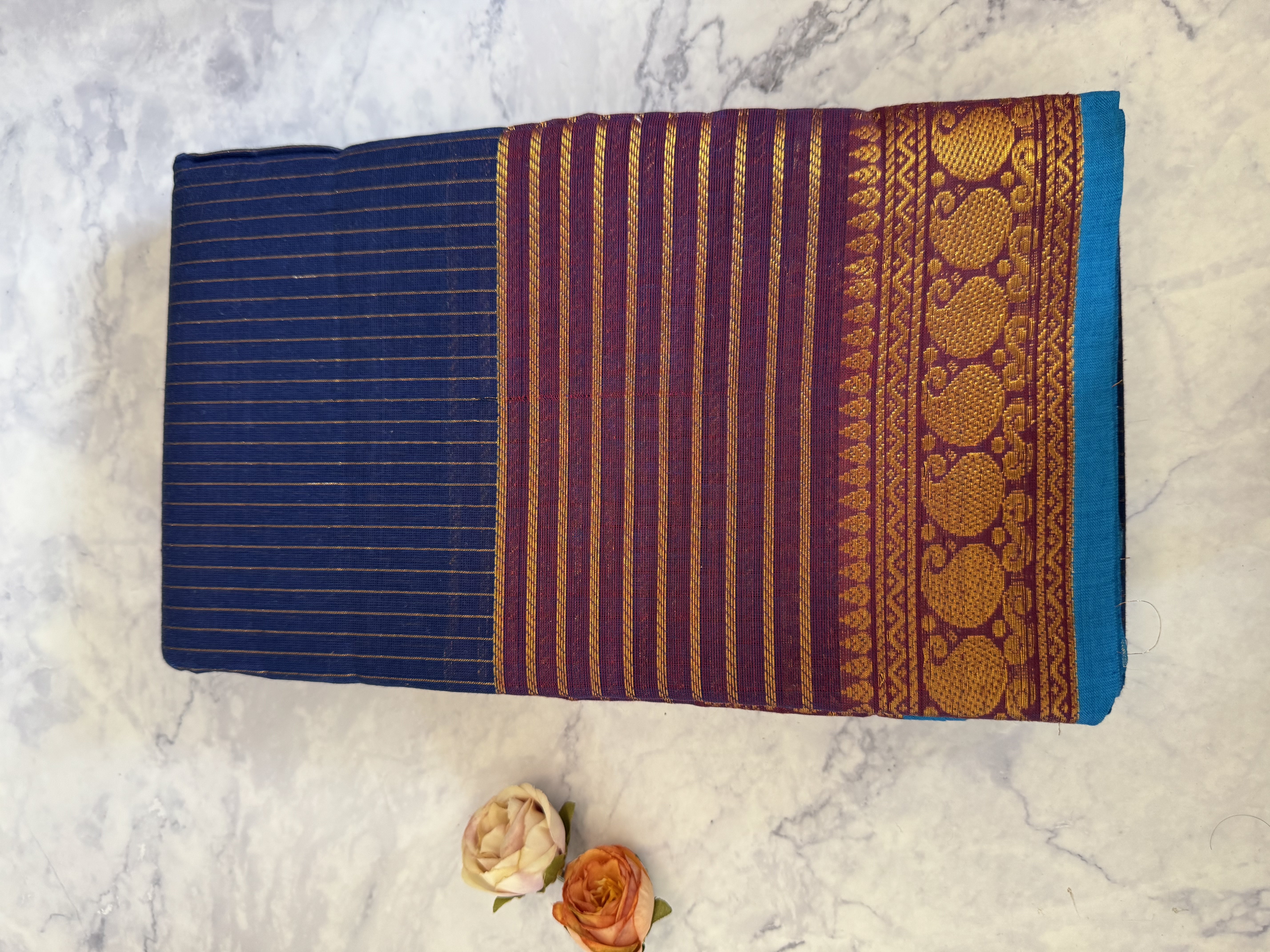 Navy blue vaira oosi cotton saree with yellow rim
