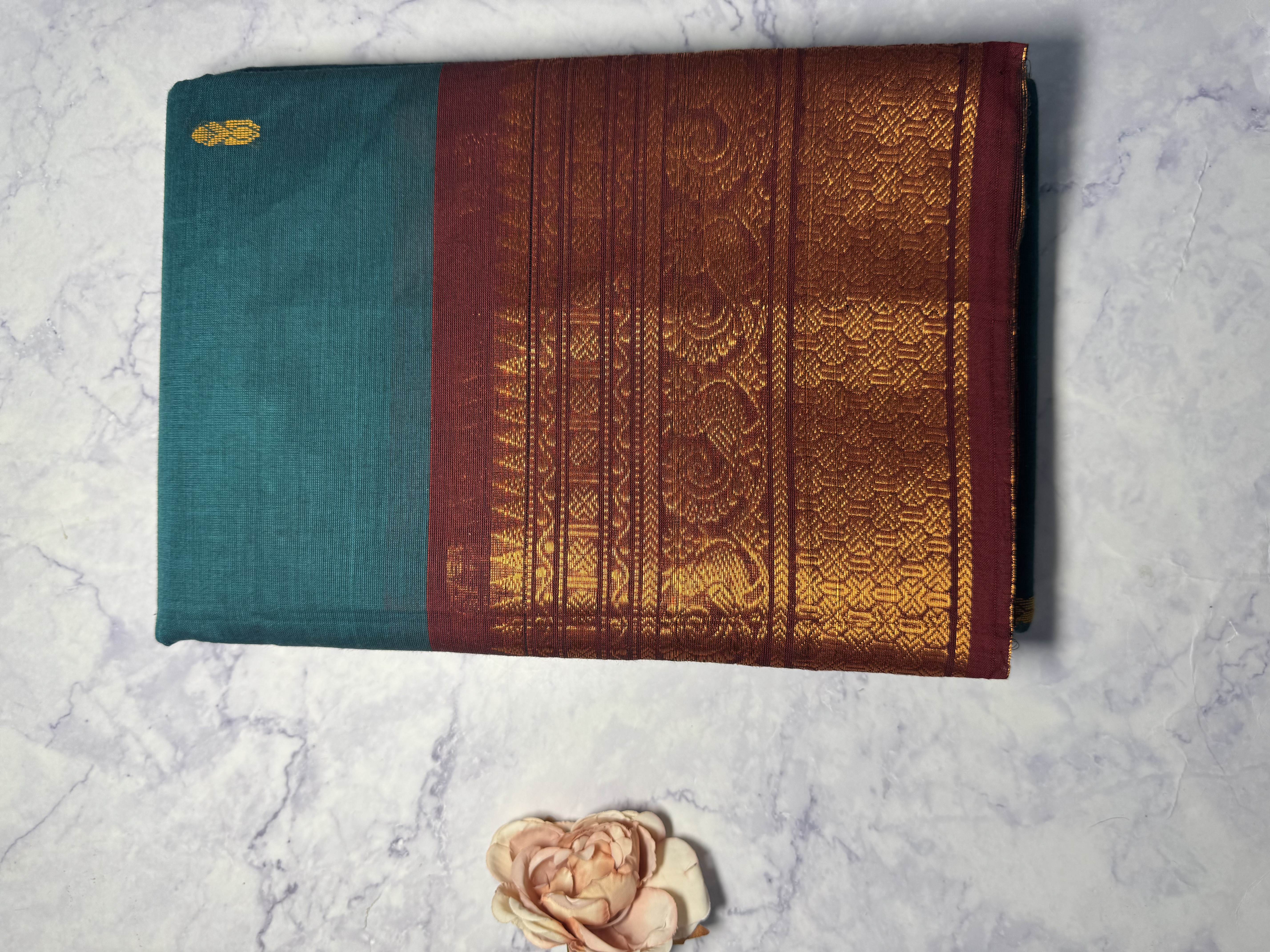 Teal cotton saree with red border