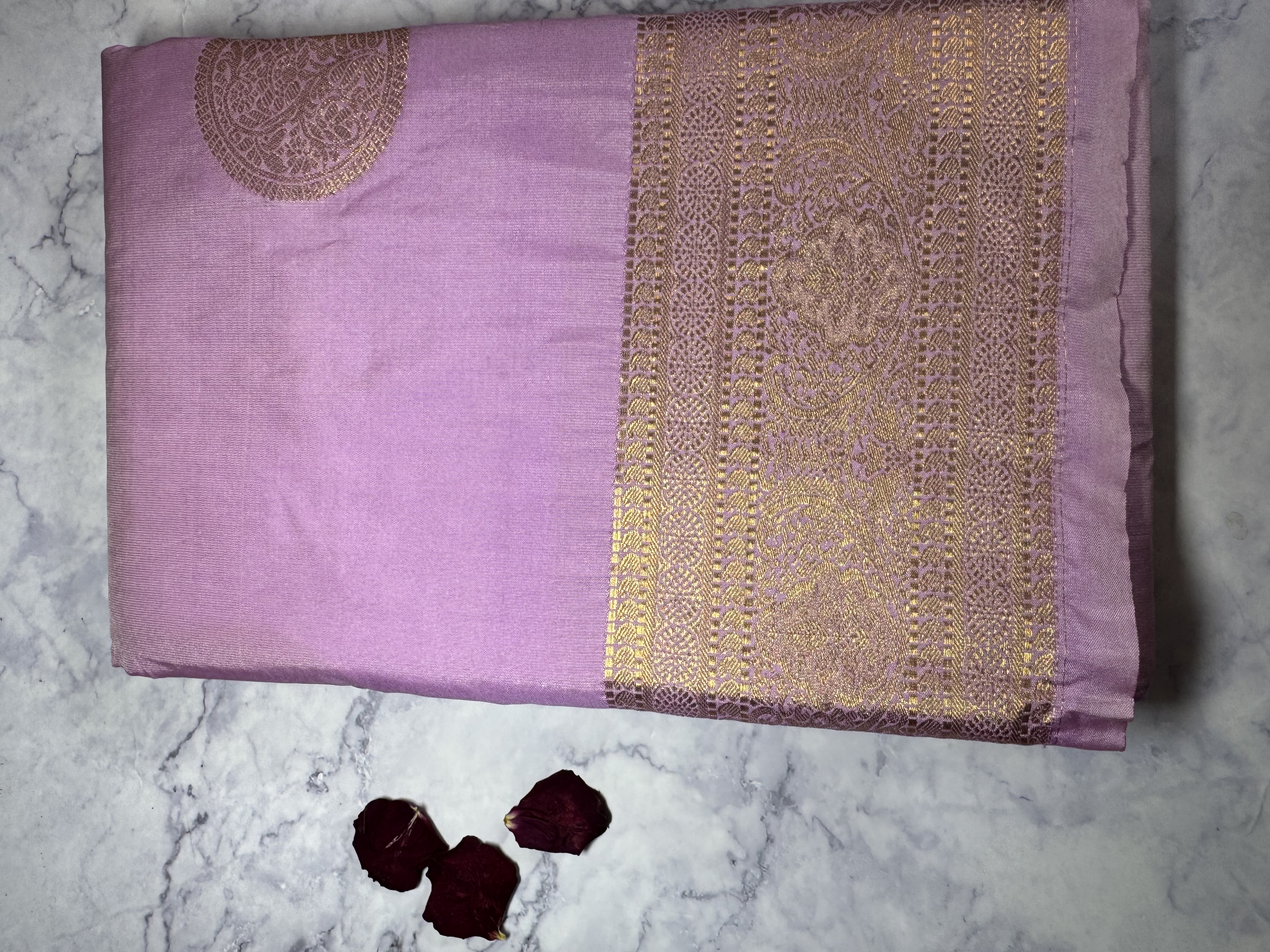 Baby pink semi silk saree with round buttas