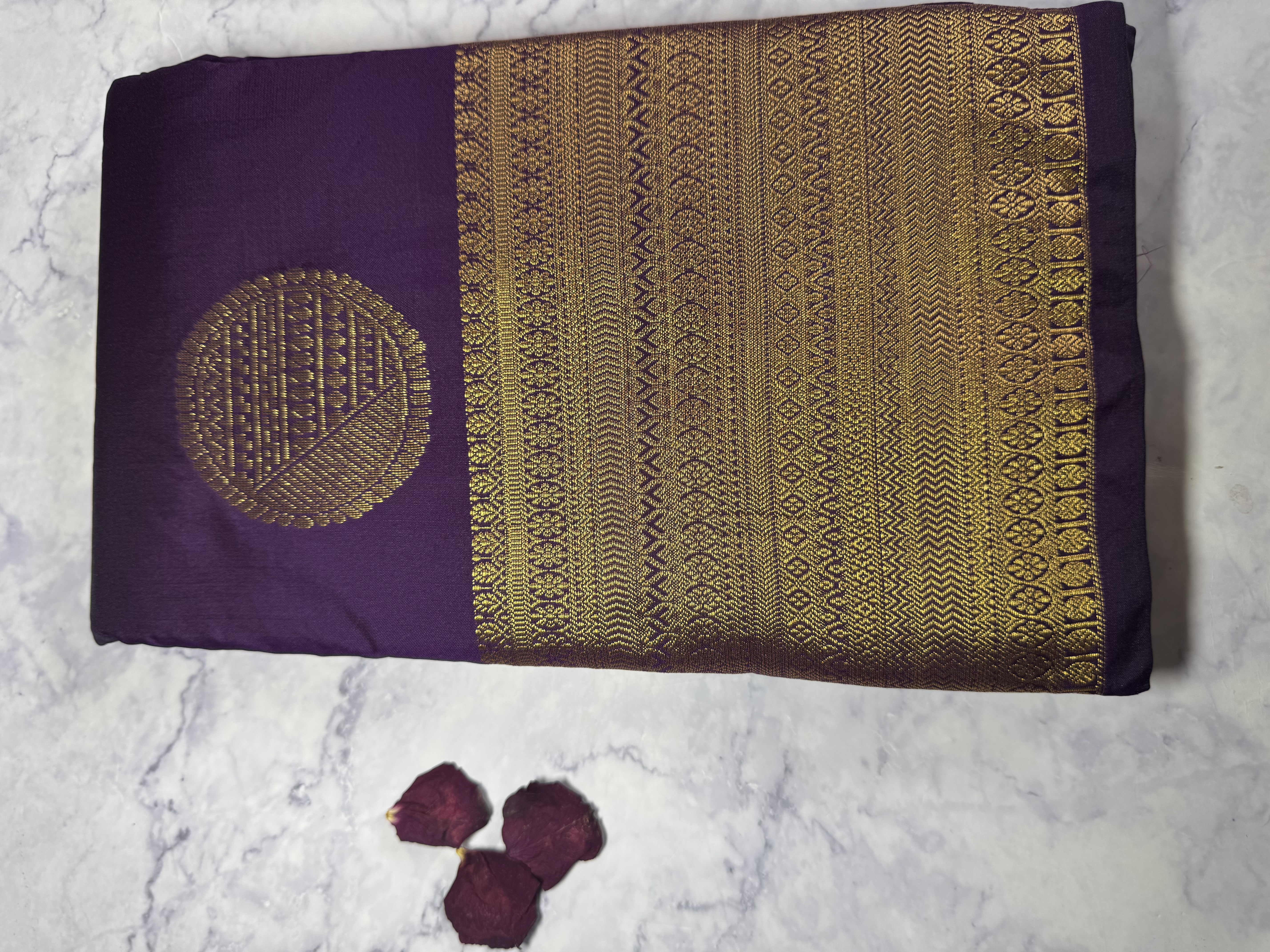 Purple semi silk saree with round buttas
