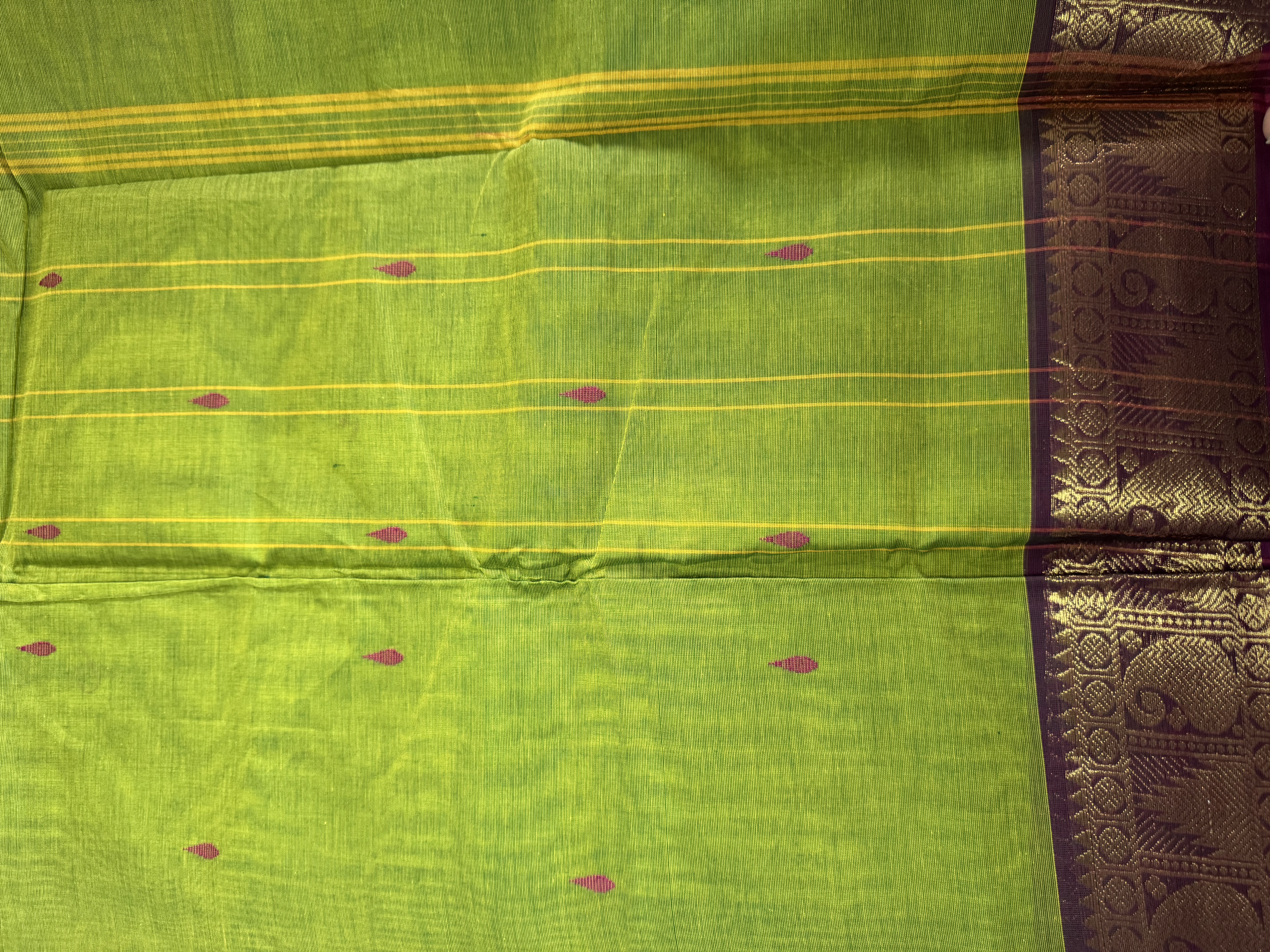 Parrot green cotton saree with pink border