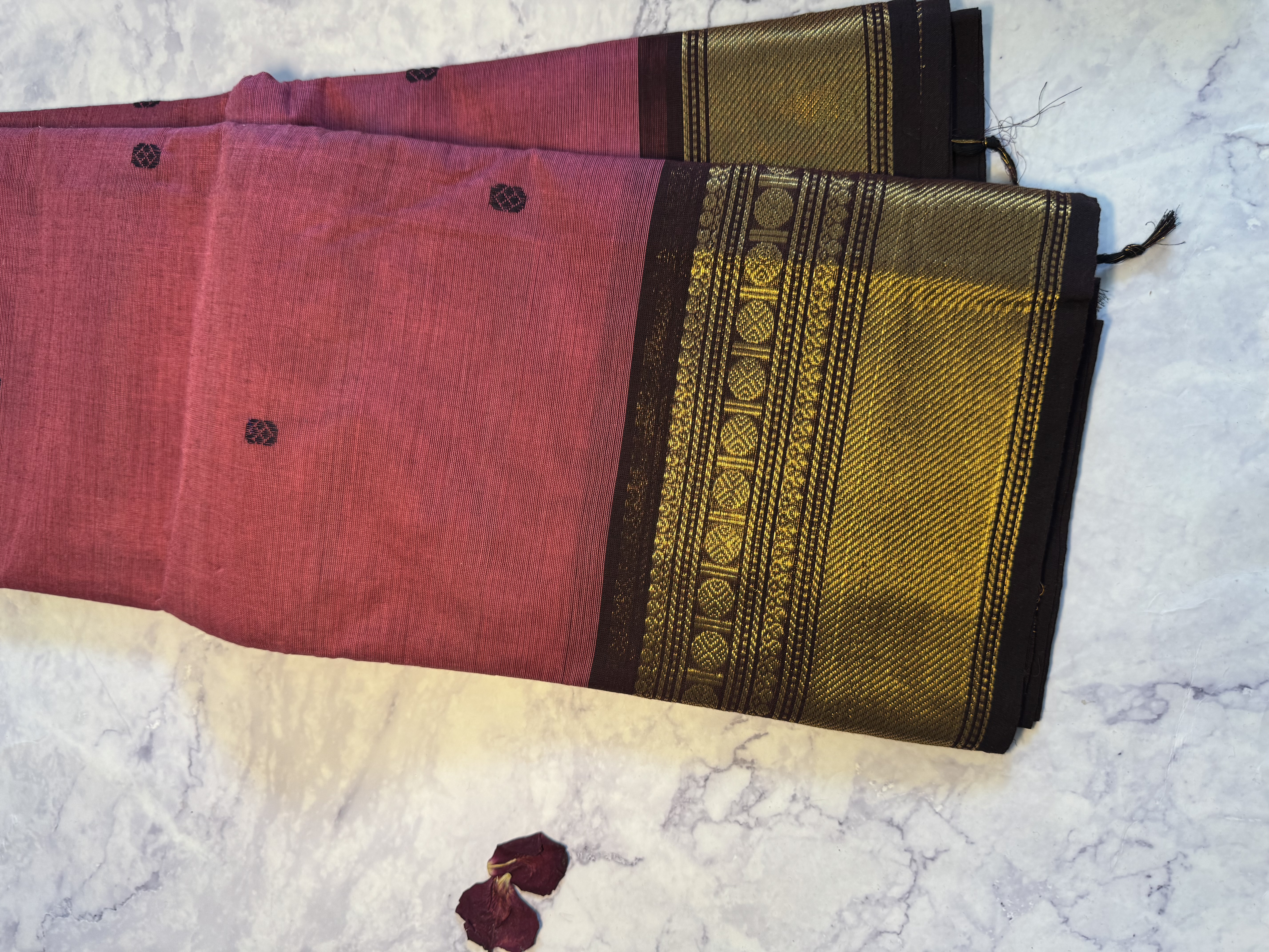 Pastel pink cotton saree with brown border