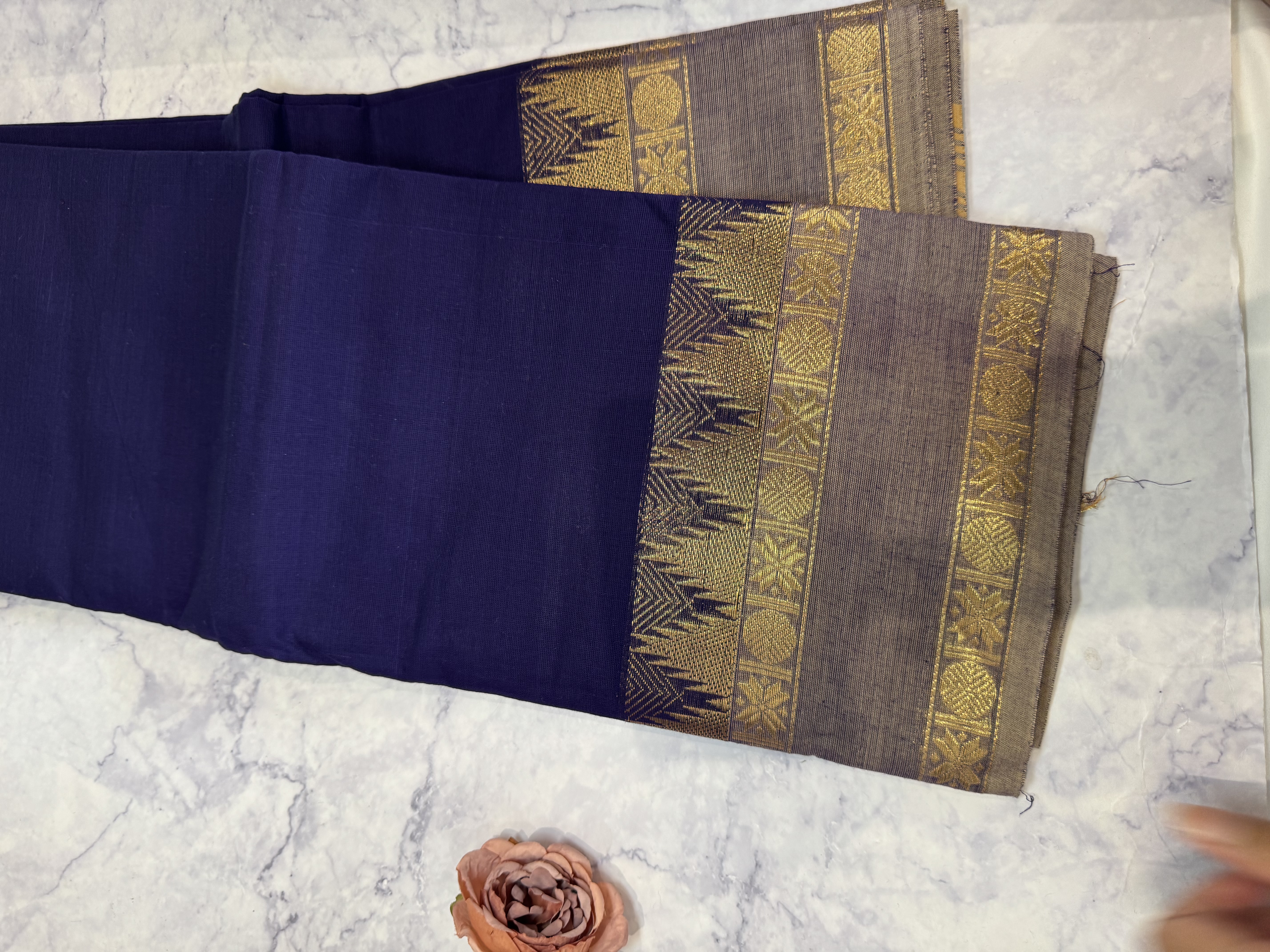 Navy blue cotton saree with grey border
