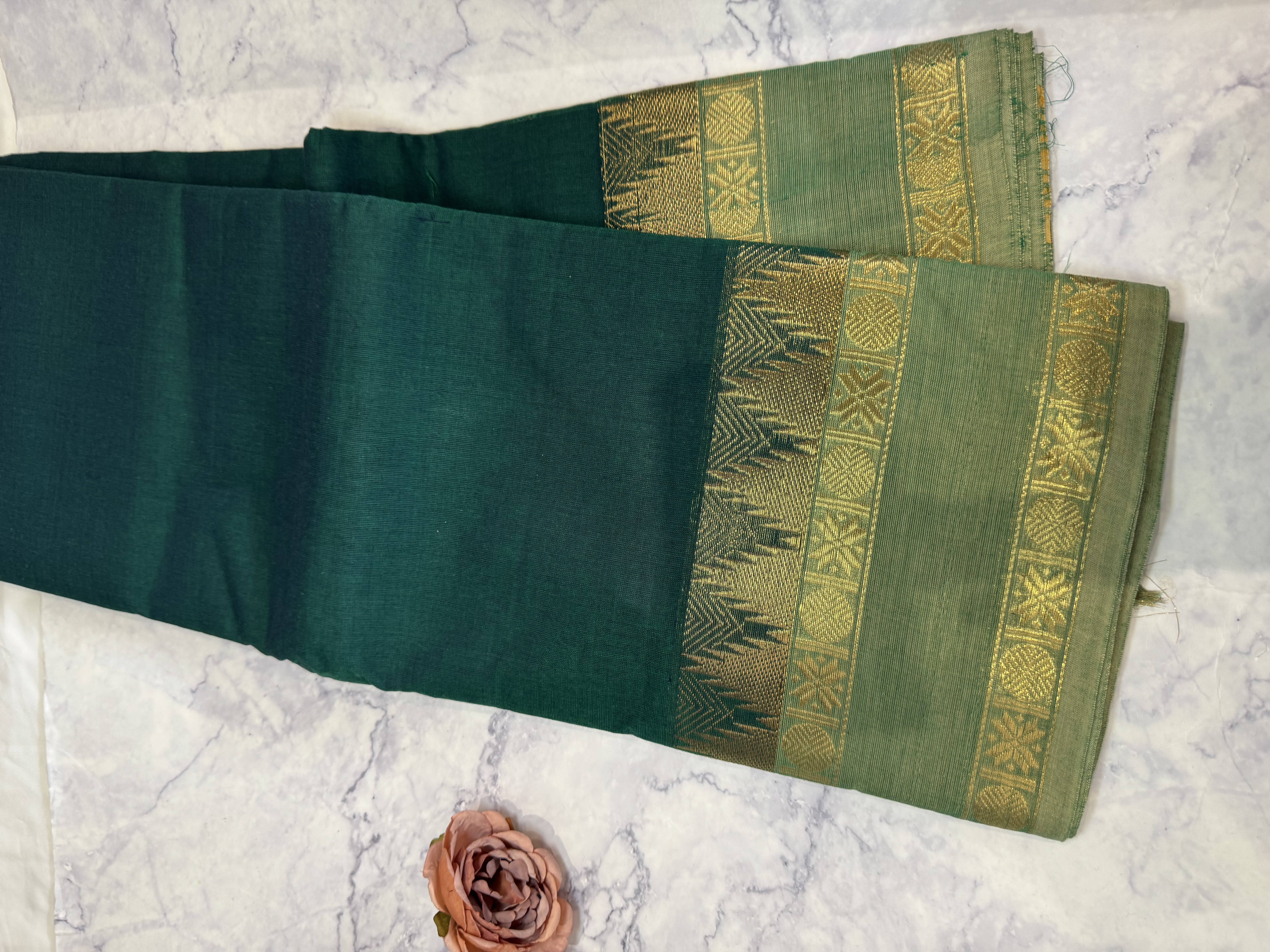 Emerald green cotton saree with sage green border