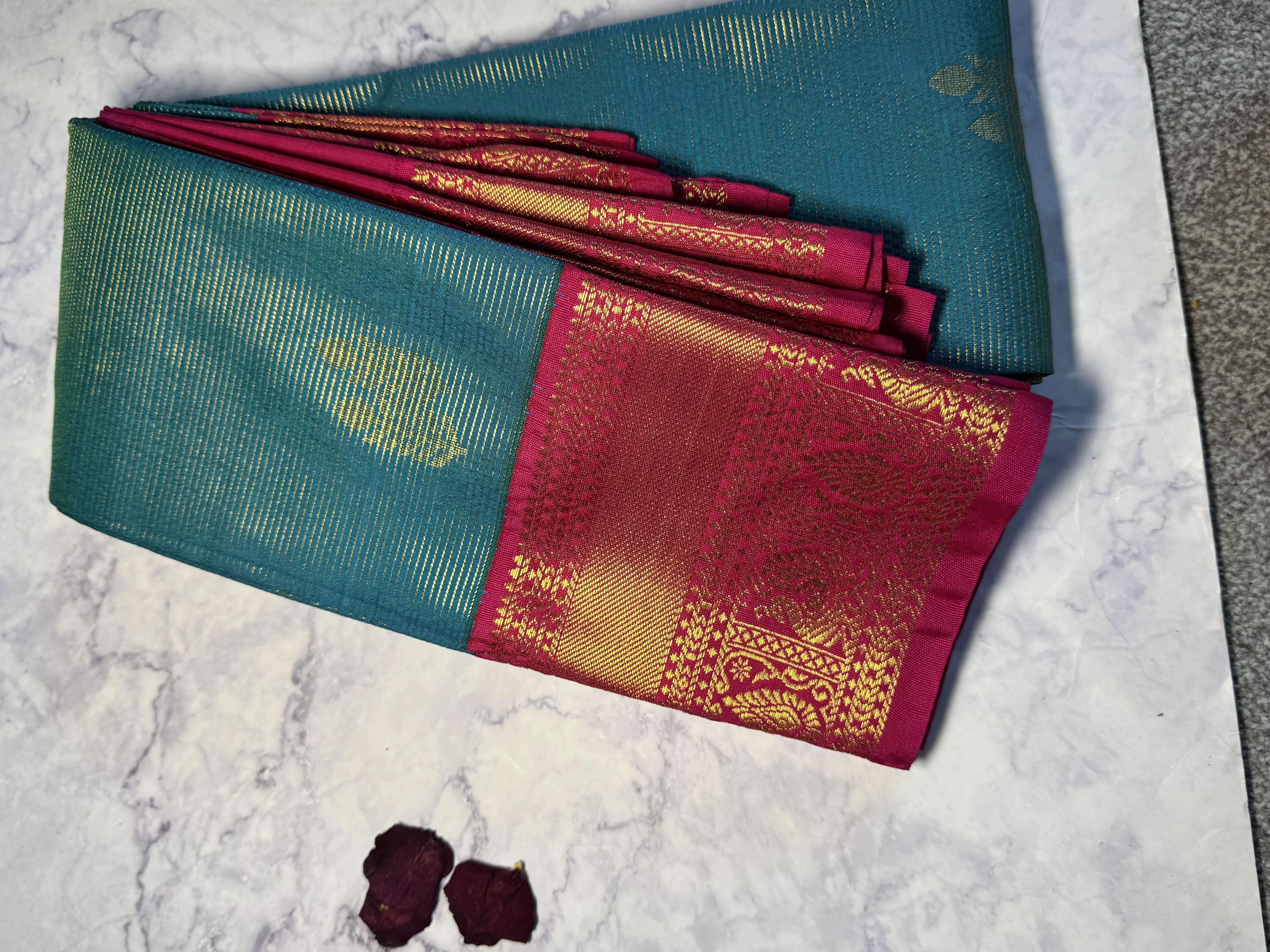Turquoise blue vaira oosi soft silk with pink blouse