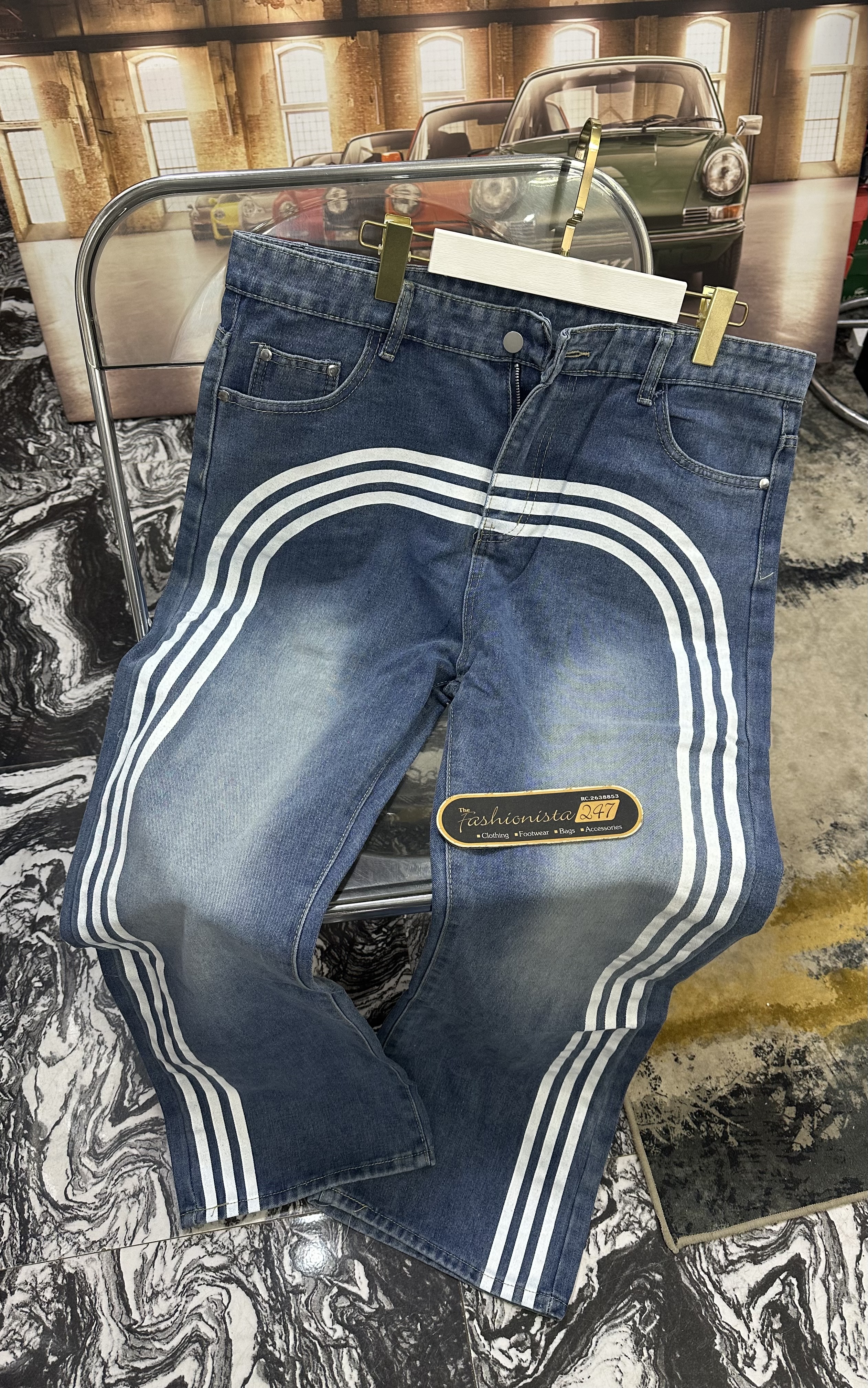 Designer Blue Baggy Jeans with White Stripes