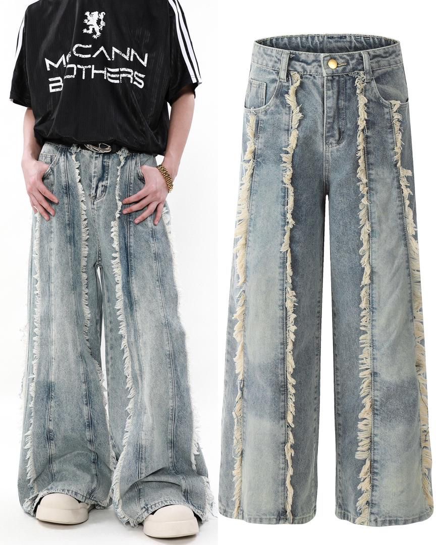 Distressed Wide-Leg Denim Jeans