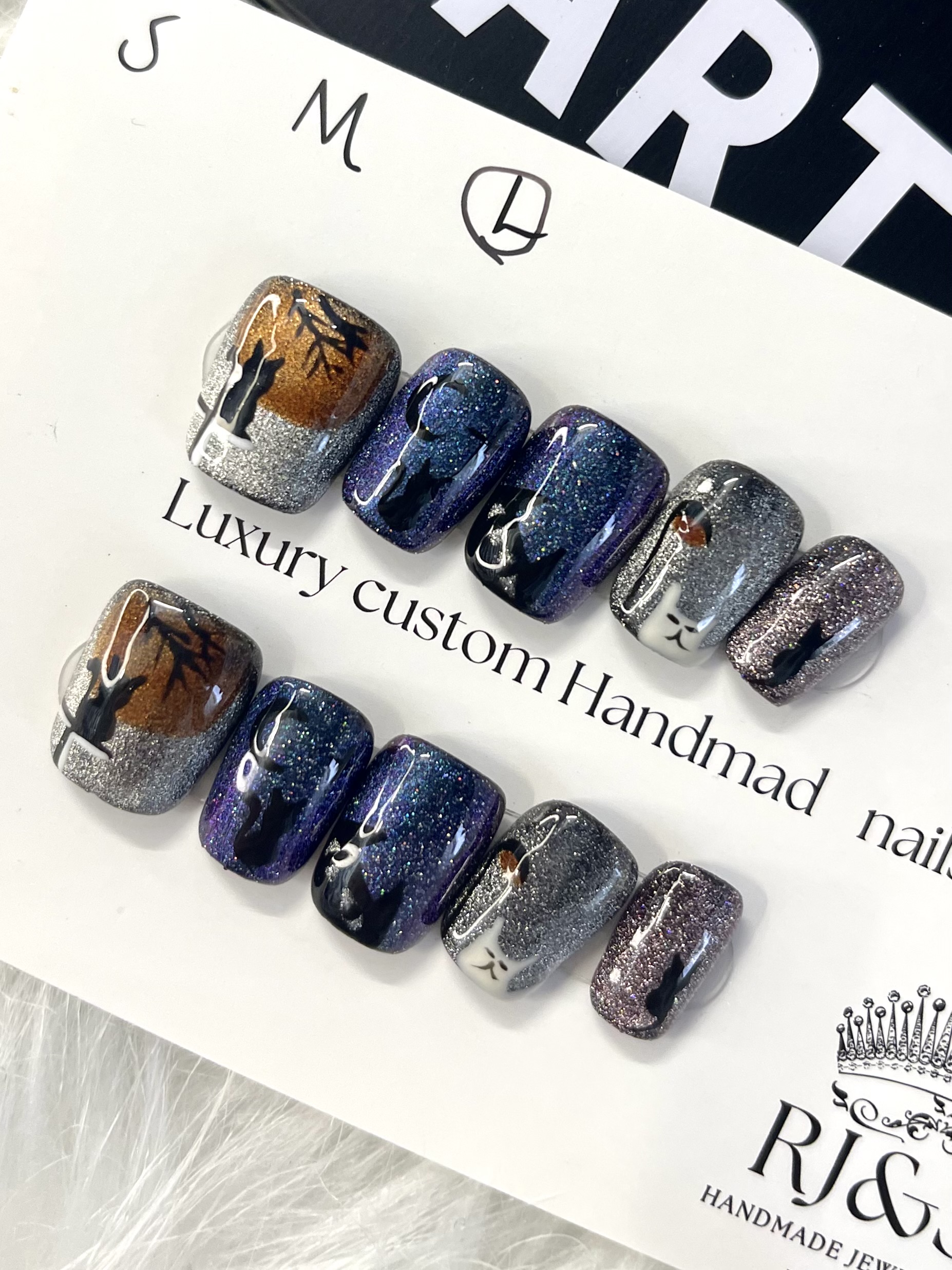 "Moonlight Cats" Handmade Starry Night Press-On Nails