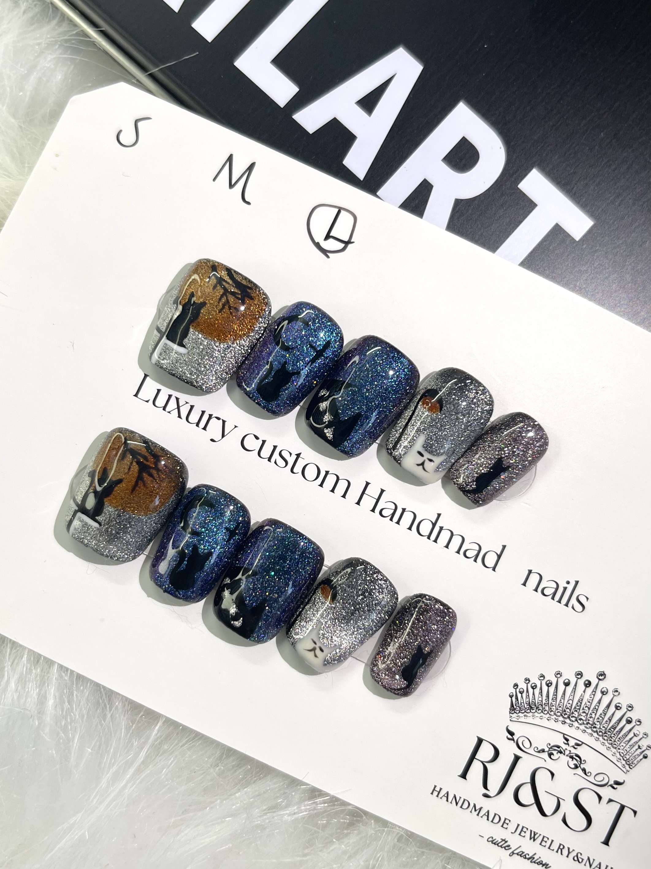 "Moonlight Cats" Handmade Starry Night Press-On Nails
