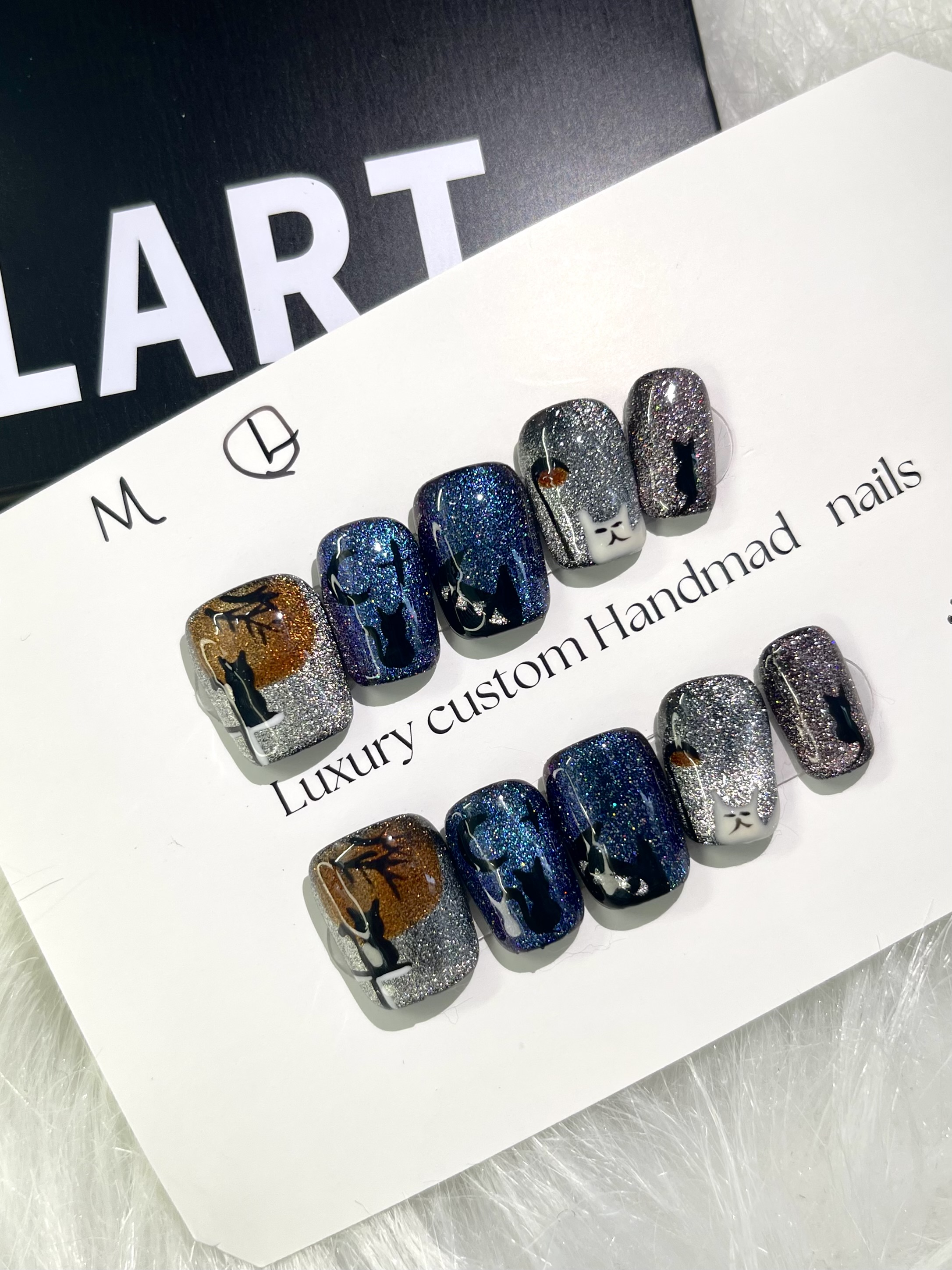 "Moonlight Cats" Handmade Starry Night Press-On Nails