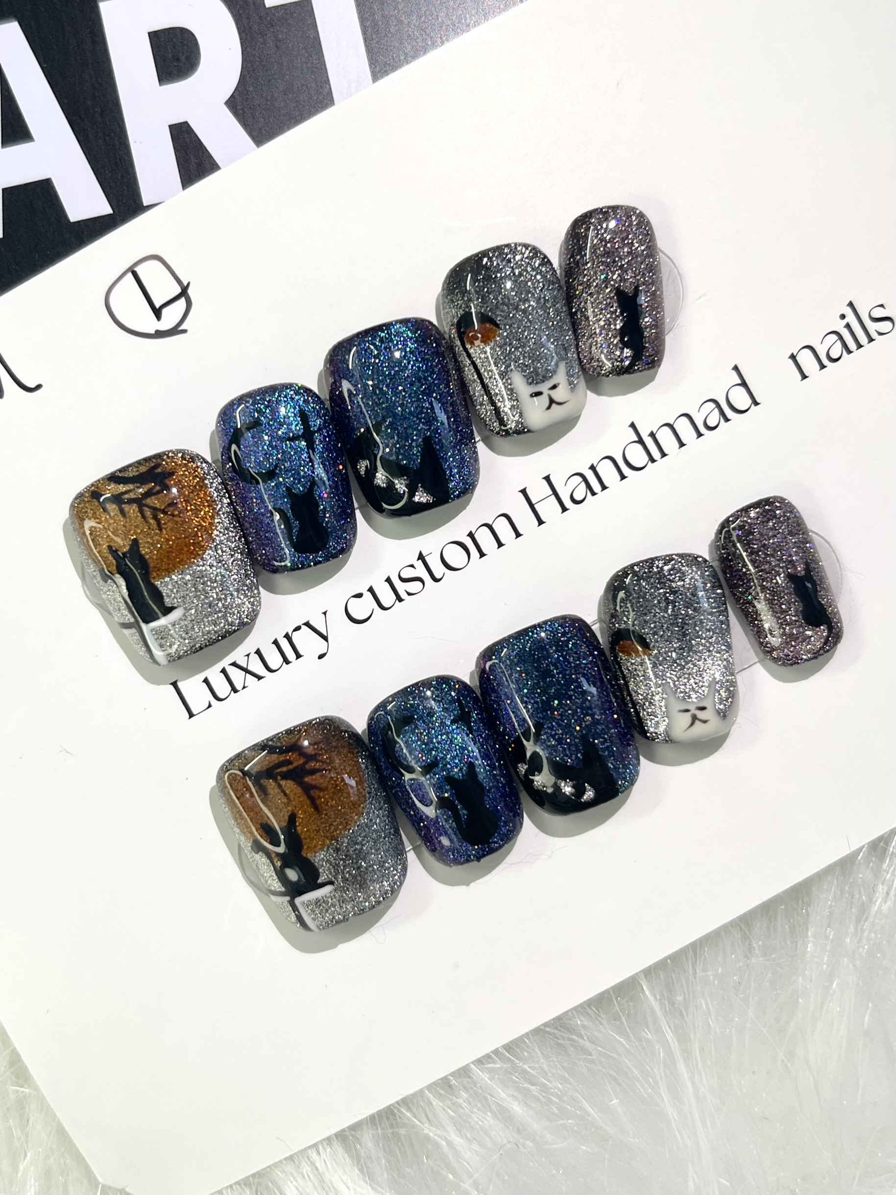 "Moonlight Cats" Handmade Starry Night Press-On Nails