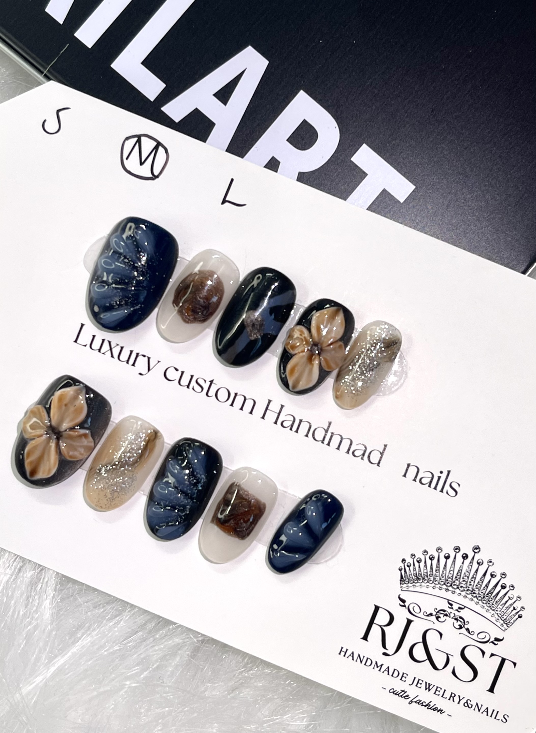 Retro Blue & Brown 3D Bow Press-On Nails