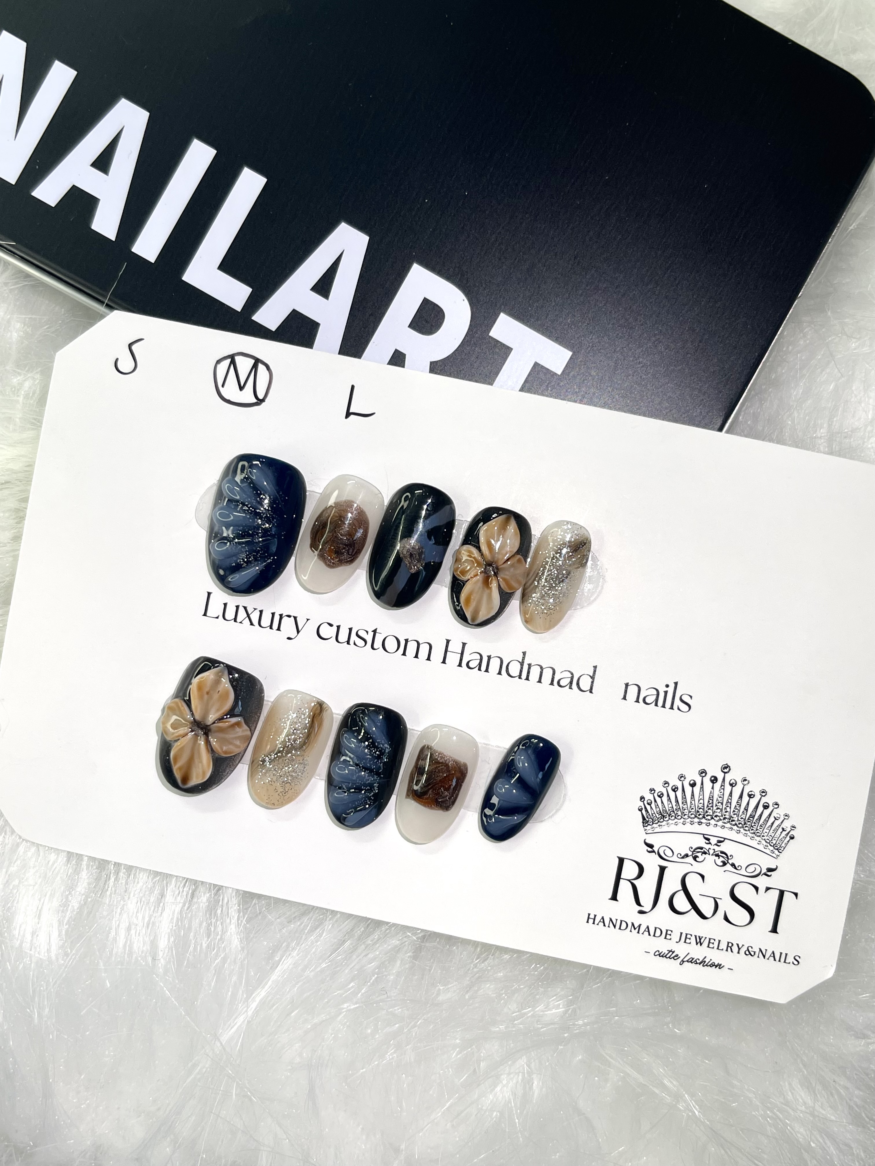Retro Blue & Brown 3D Bow Press-On Nails
