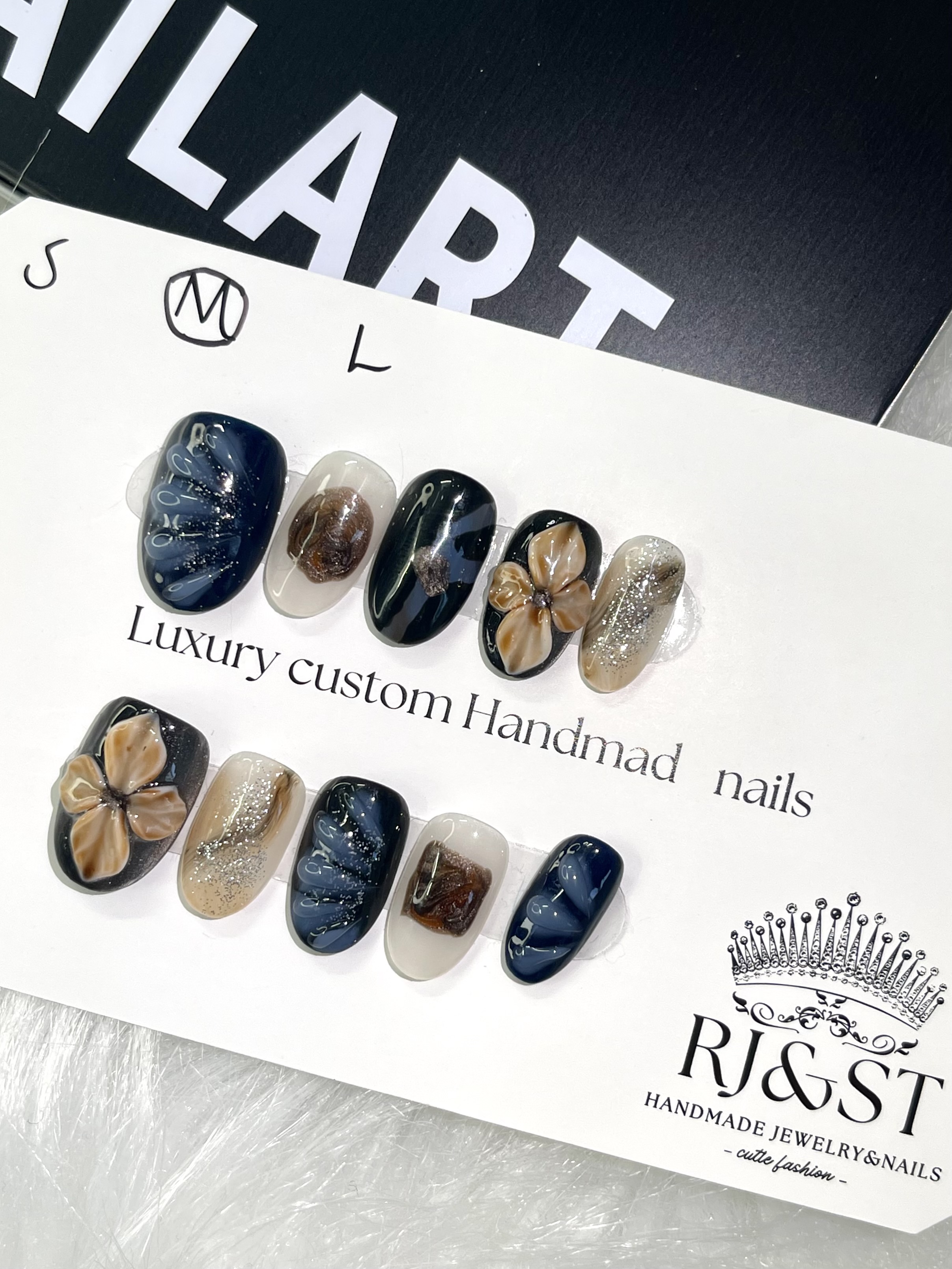 Retro Blue & Brown 3D Bow Press-On Nails