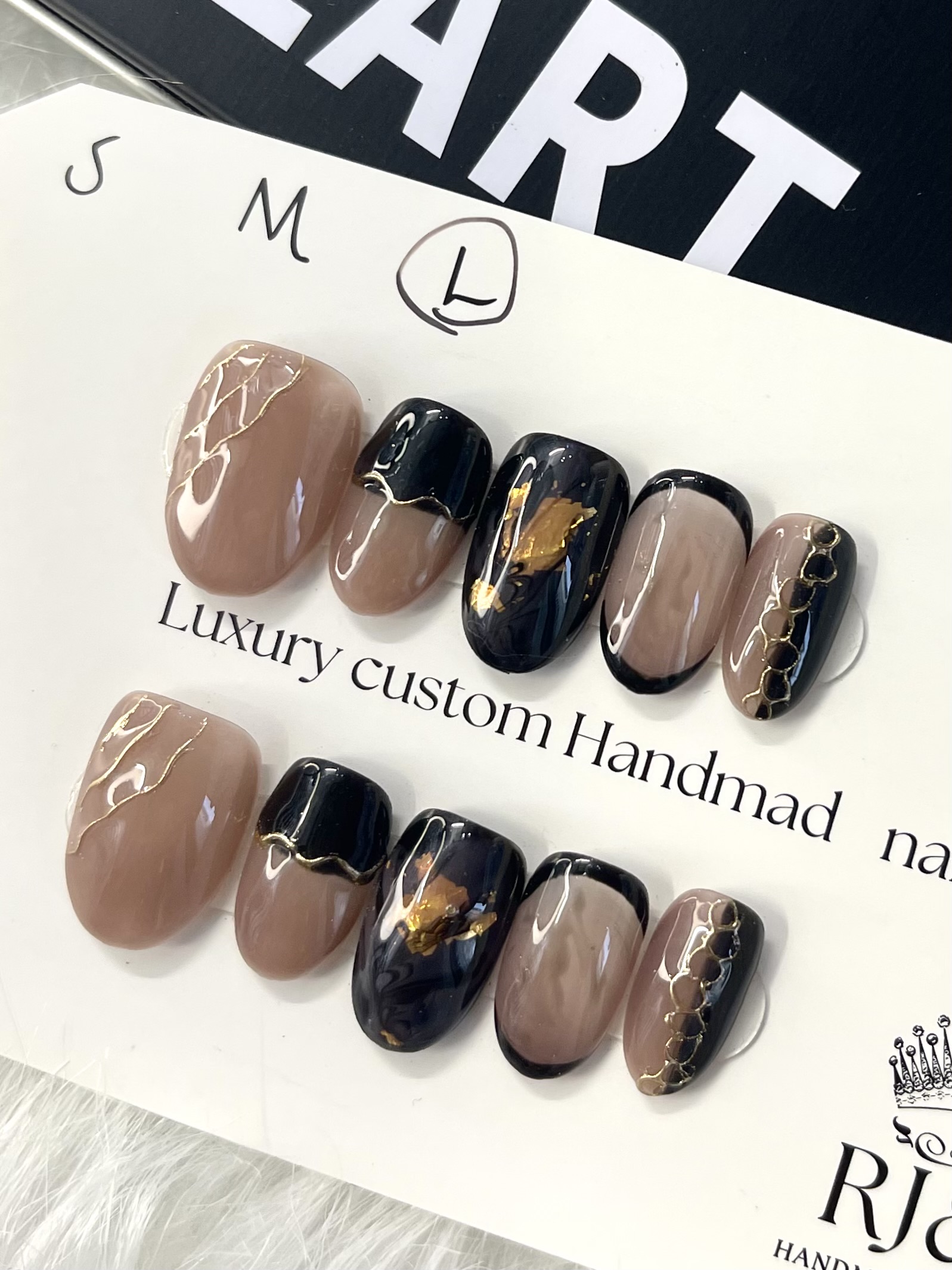 Mocha Noir | Gold-Leaf Marble Press-On Nails